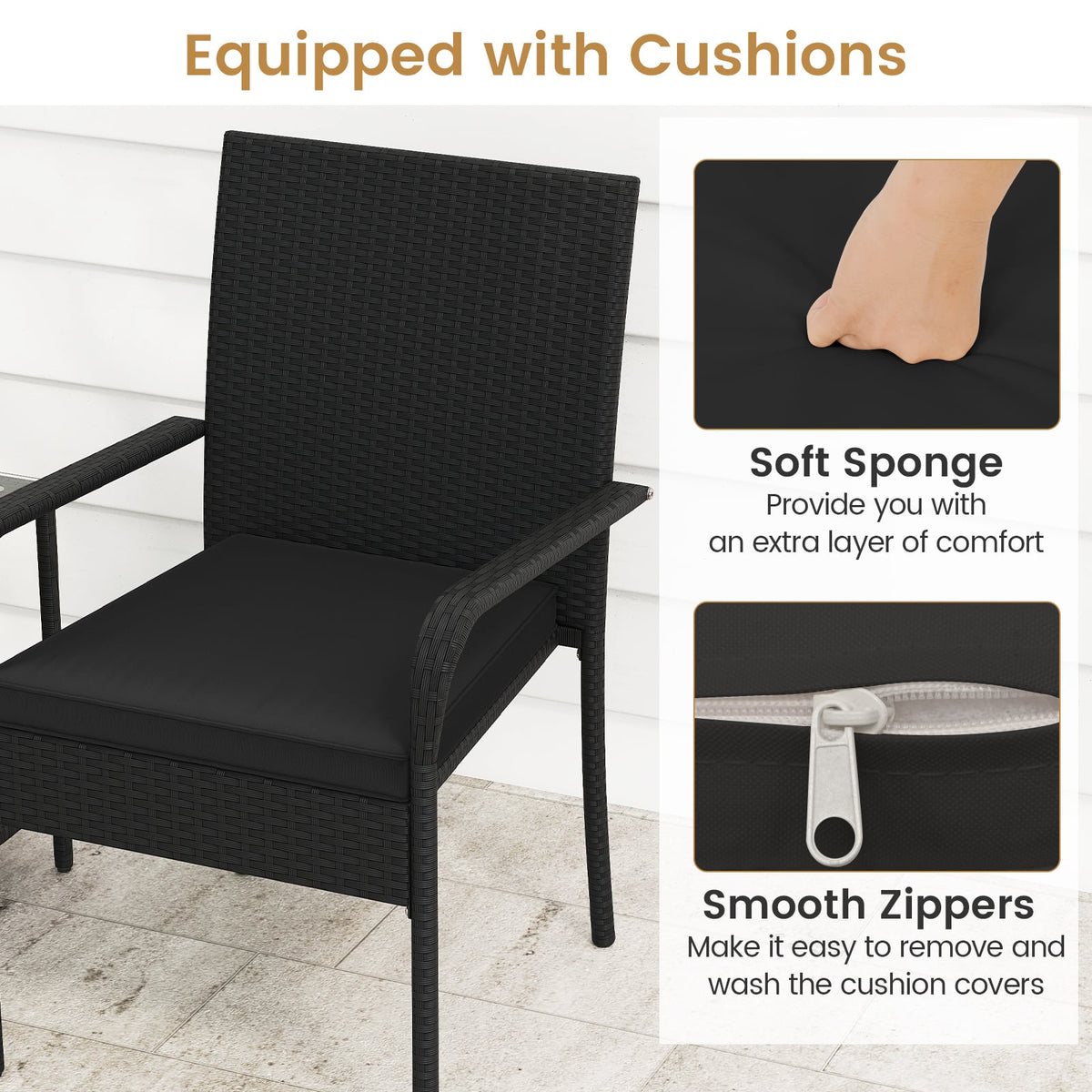 3 Piece Patio Furniture Set with Seat Cushions and Tempered Glass Tabletop-Black-Patio Conversation Sets-DECOROLALA