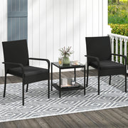 3 Piece Patio Furniture Set with Seat Cushions and Tempered Glass Tabletop-Black-Patio Conversation Sets-DECOROLALA