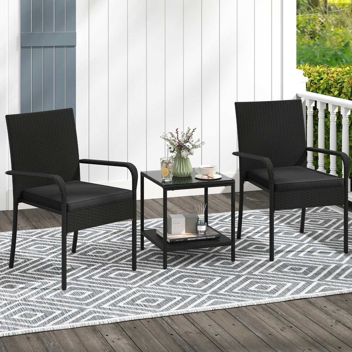 3 Piece Patio Furniture Set with Seat Cushions and Tempered Glass Tabletop-Black-Patio Conversation Sets-DECOROLALA