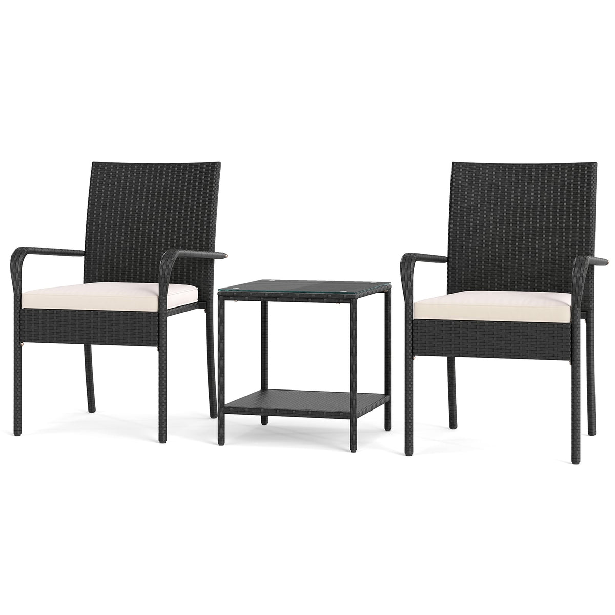 3 Piece Patio Furniture Set with Seat Cushions and Tempered Glass -White-Patio Conversation Sets-DECOROLALA