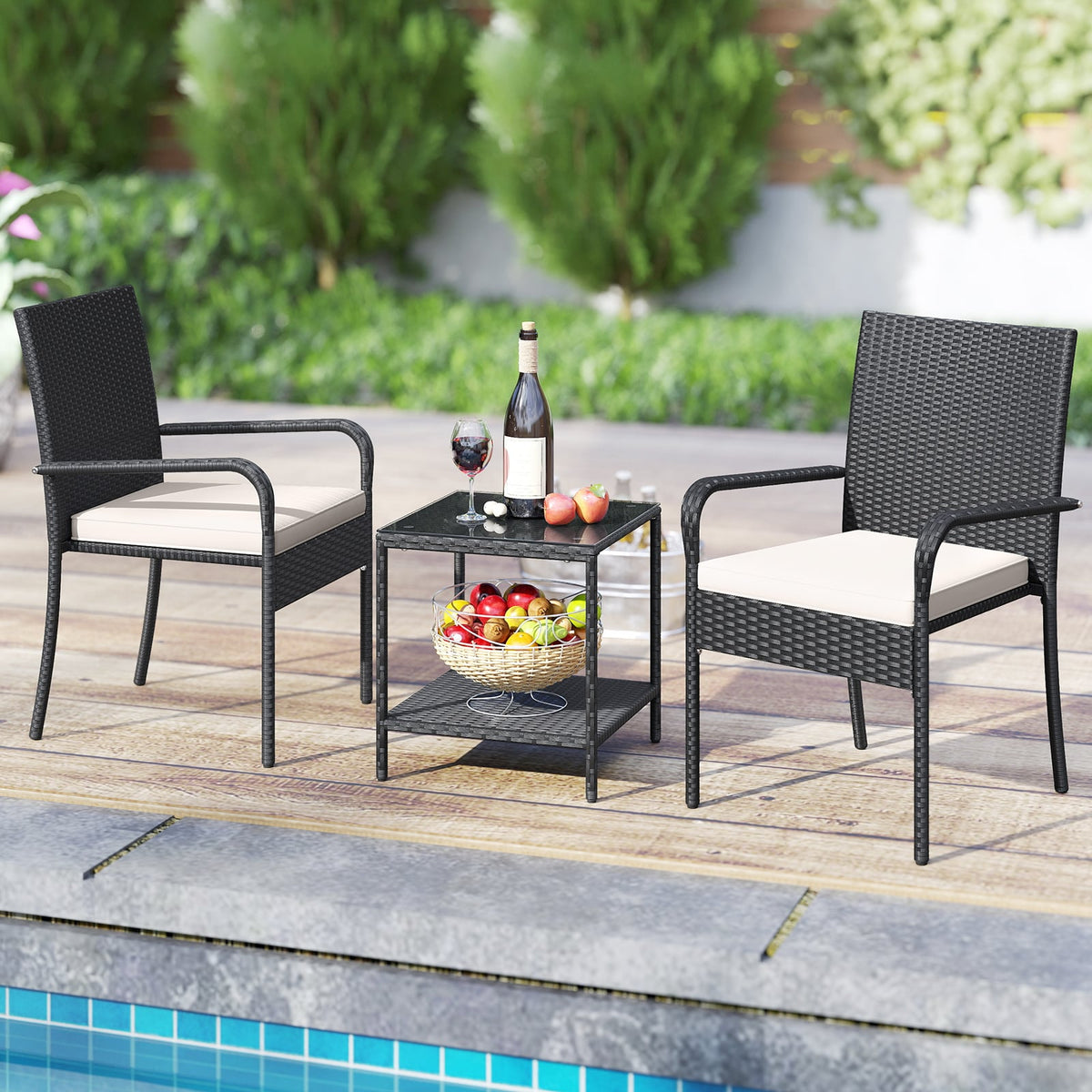 3 Piece Patio Furniture Set with Seat Cushions and Tempered Glass -White-Patio Conversation Sets-DECOROLALA