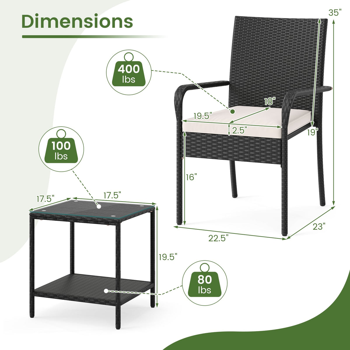 3 Piece Patio Furniture Set with Seat Cushions and Tempered Glass -White-Patio Conversation Sets-DECOROLALA