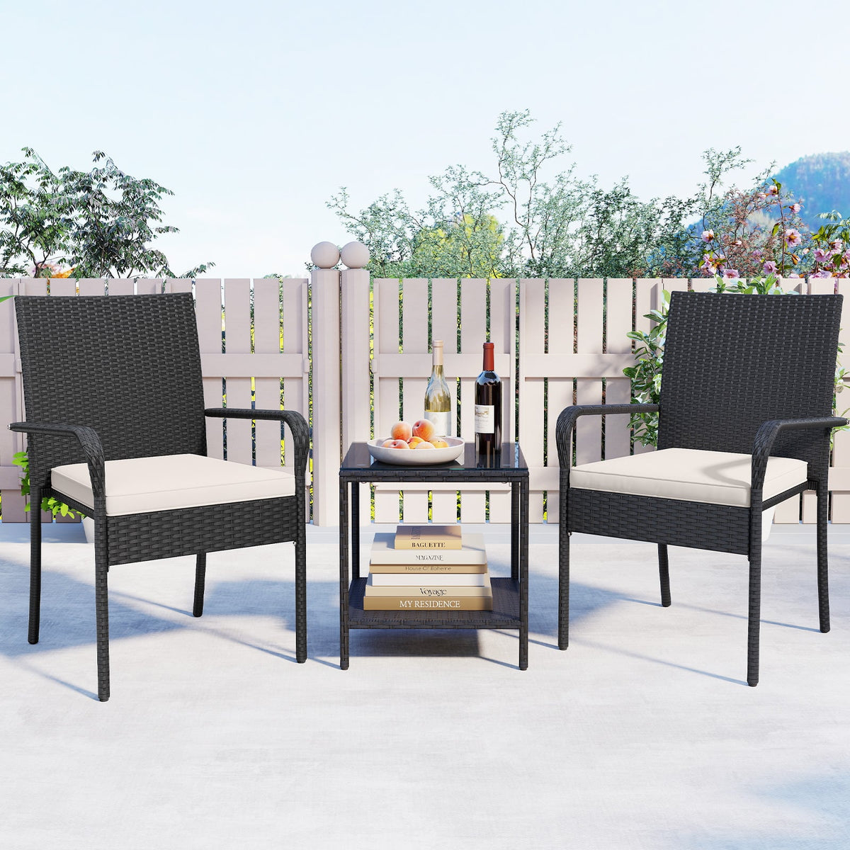 3 Piece Patio Furniture Set with Seat Cushions and Tempered Glass -White-Patio Conversation Sets-DECOROLALA