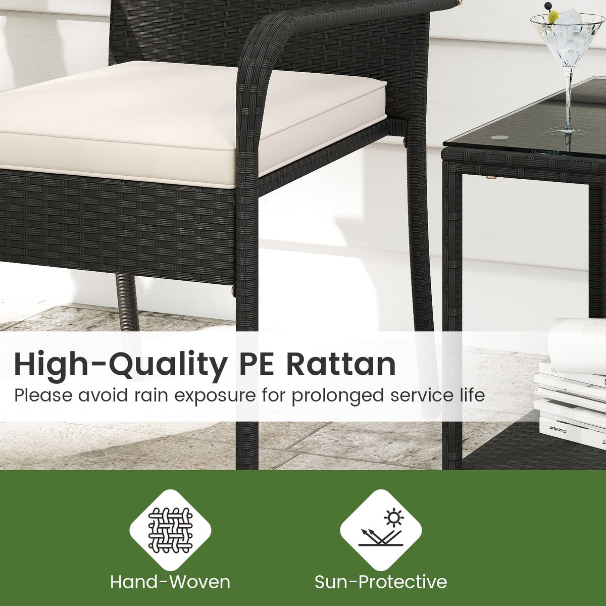 3 Piece Patio Furniture Set with Seat Cushions and Tempered Glass -White-Patio Conversation Sets-DECOROLALA