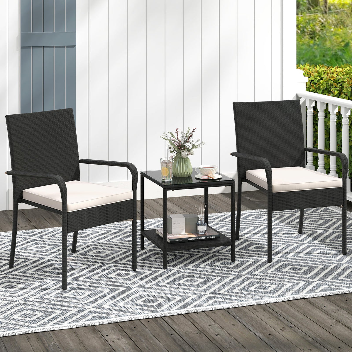3 Piece Patio Furniture Set with Seat Cushions and Tempered Glass -White-Patio Conversation Sets-DECOROLALA