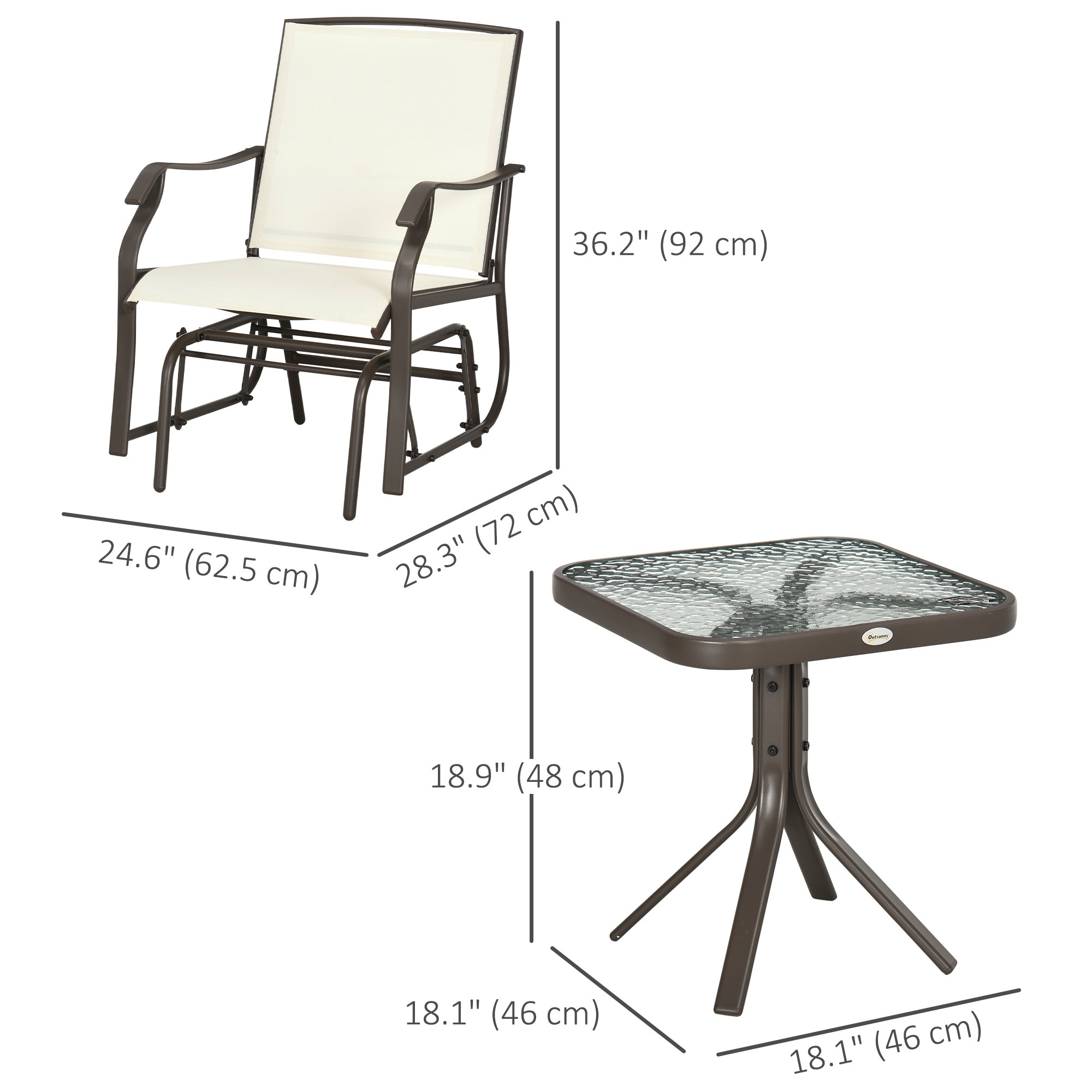3-Piece Patio Glider Set, Cream, Mesh, Glass Table-DECOROLALA