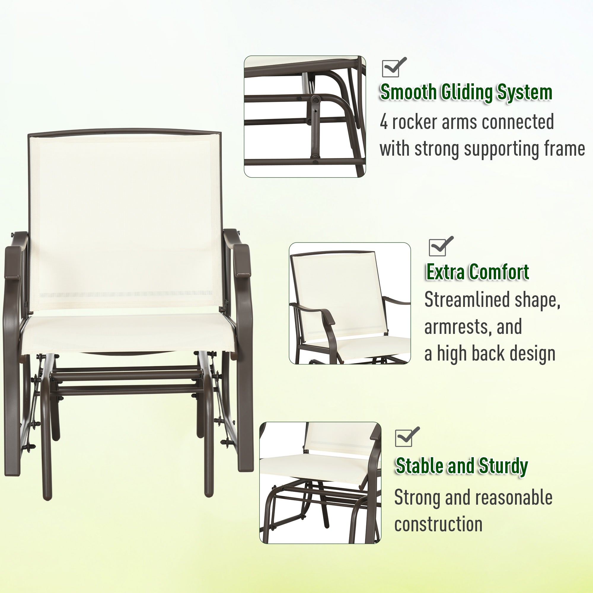 3-Piece Patio Glider Set, Cream, Mesh, Glass Table-DECOROLALA