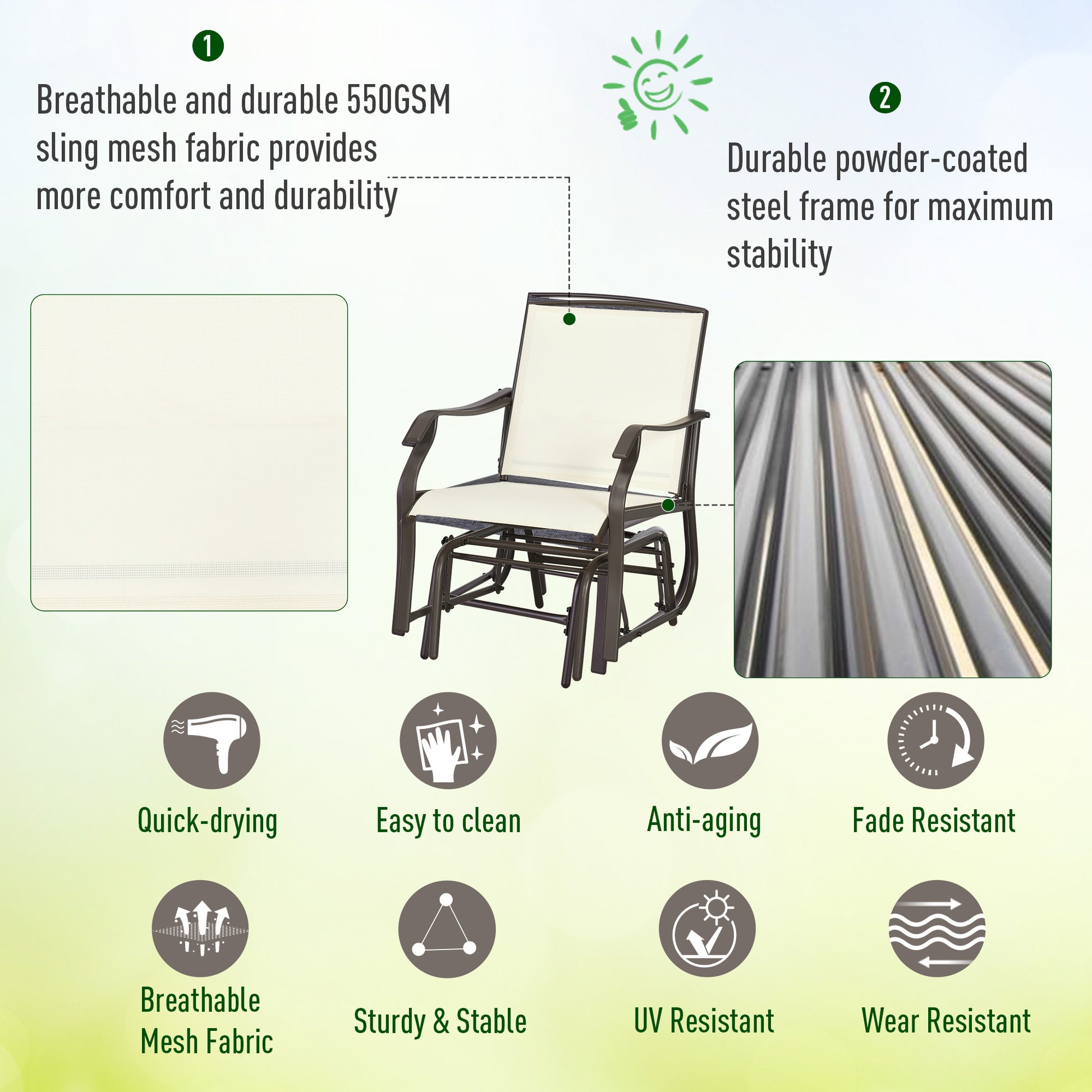 3-Piece Patio Glider Set, Cream, Mesh, Glass Table-DECOROLALA