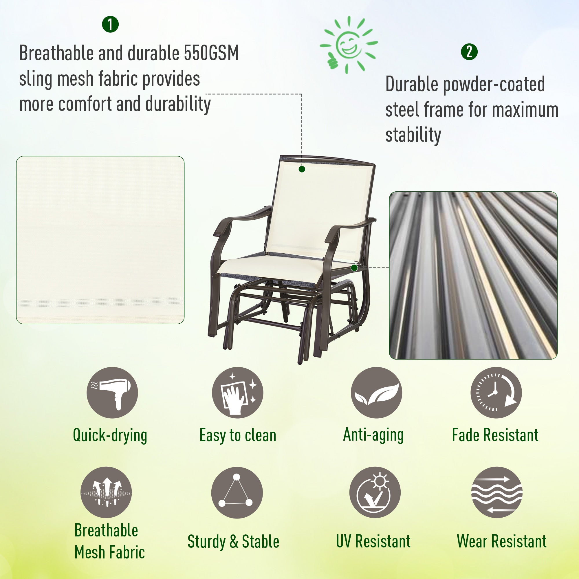 3-Piece Patio Glider Set, Cream, Mesh, Glass Table-DECOROLALA