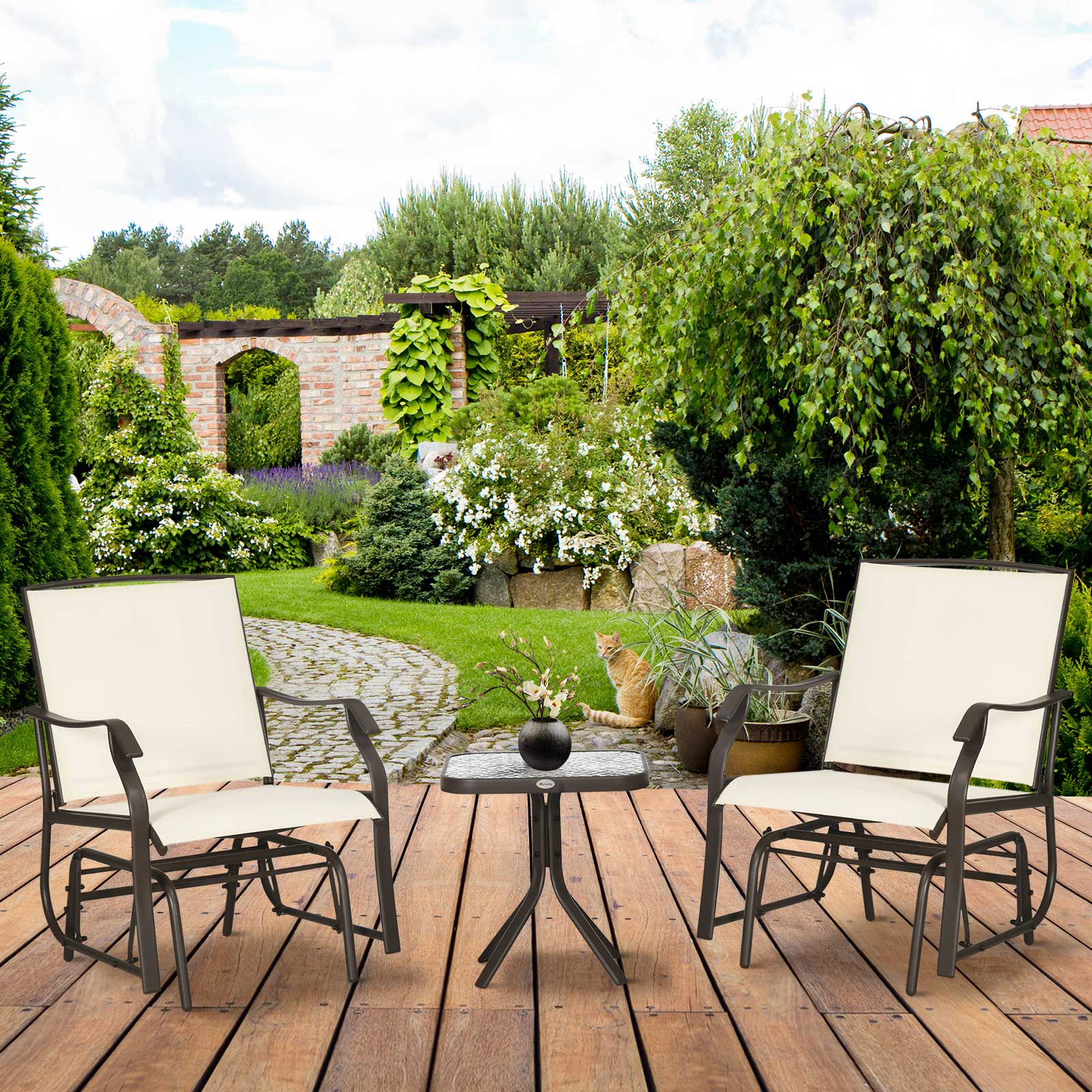 3-Piece Patio Glider Set, Cream, Mesh, Glass Table-DECOROLALA
