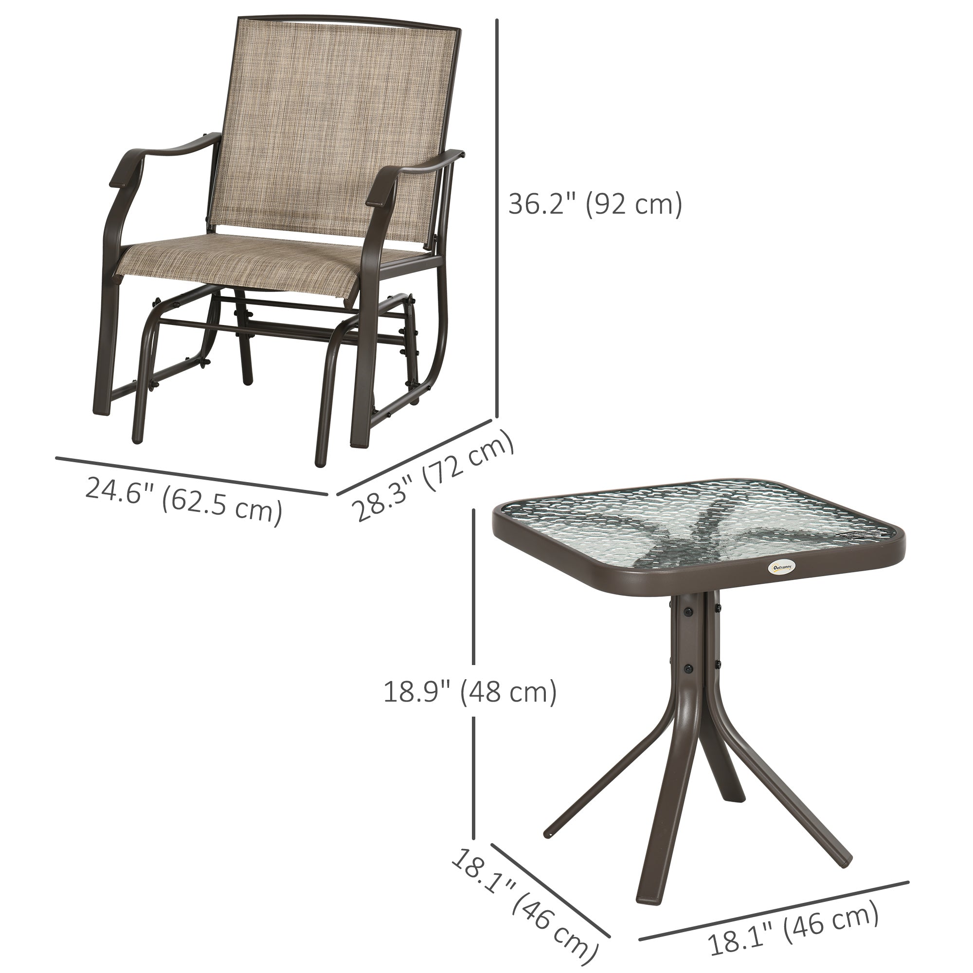 3-Piece Patio Glider Set with Breathable Mesh, Glass Table - Mixed Brown Outdoor Furniture-DECOROLALA