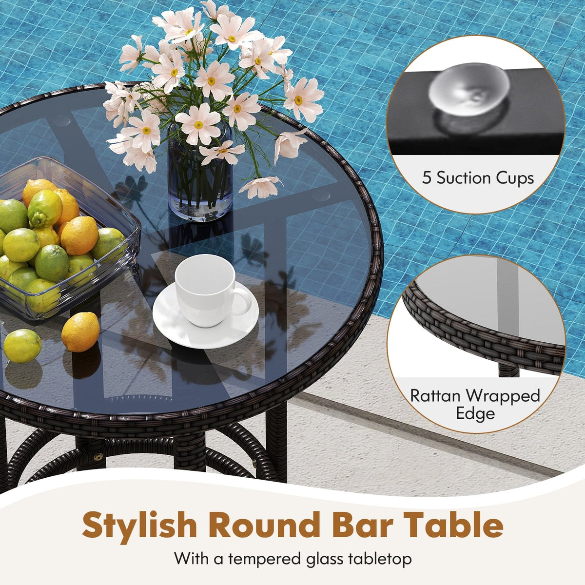 3-Piece Patio Rattan Bar Set with Tempered Glass Top for Backyard Poolside-Brown-Outdoor Bar Furniture-DECOROLALA