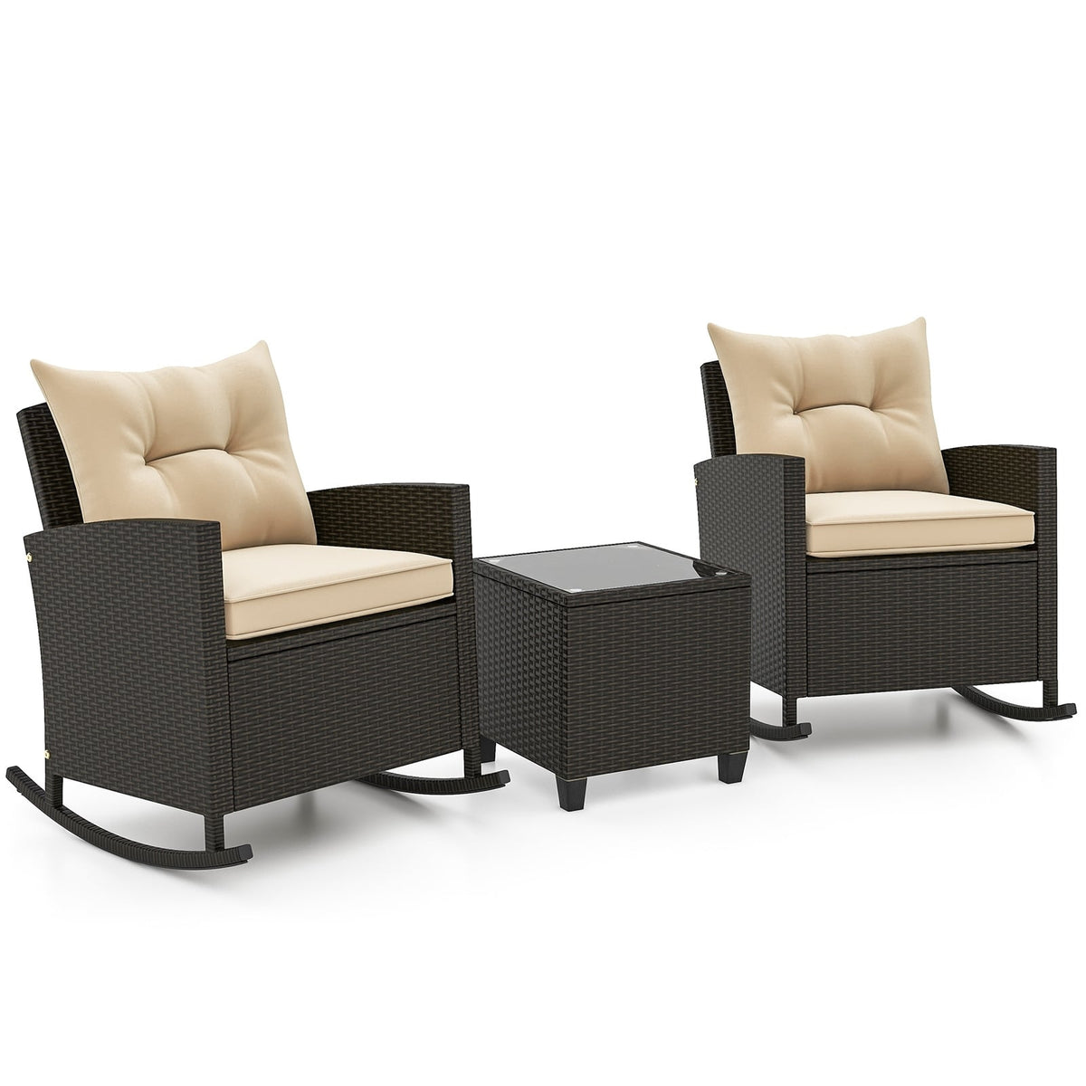 3-Piece Patio Rattan Roker Chairs with Tempered Glass Table and Soft Cushions-Beige-Patio Conversation Sets-DECOROLALA
