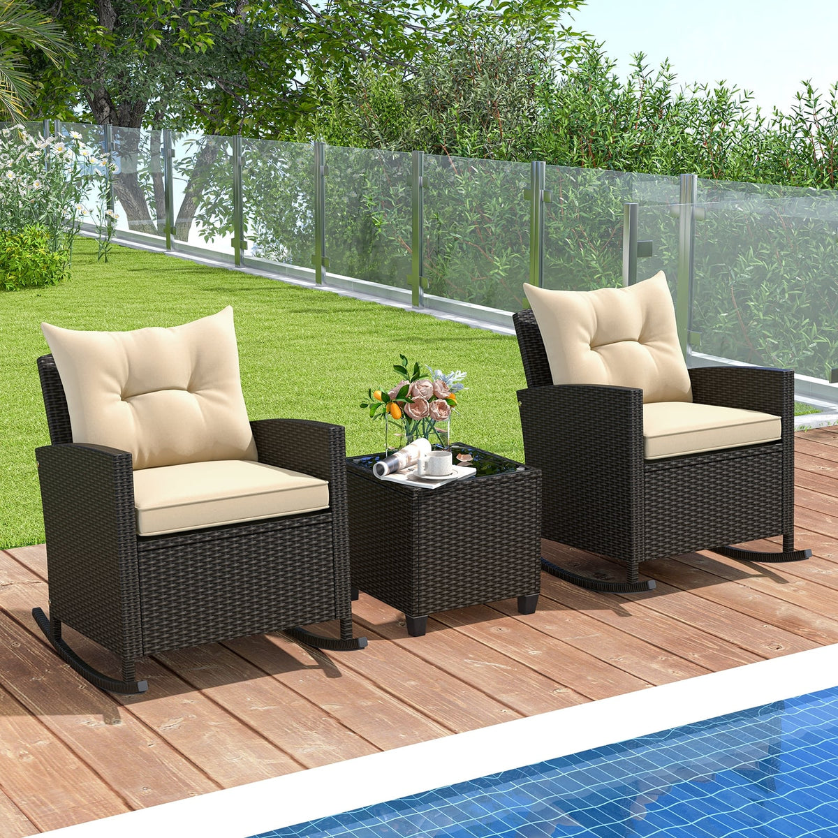 3-Piece Patio Rattan Roker Chairs with Tempered Glass Table and Soft Cushions-Beige-Patio Conversation Sets-DECOROLALA