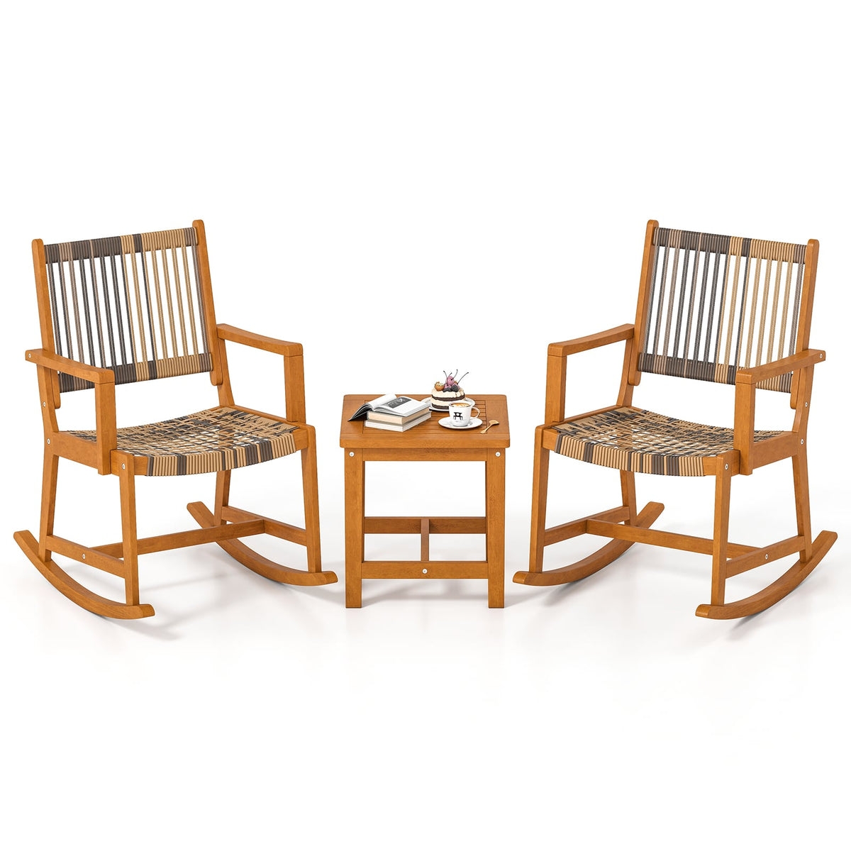 3 Piece Patio Rocking Set Acacia Wood Rocker Bistro Set with Rattan Seat and Back-Patio Conversation Sets-DECOROLALA