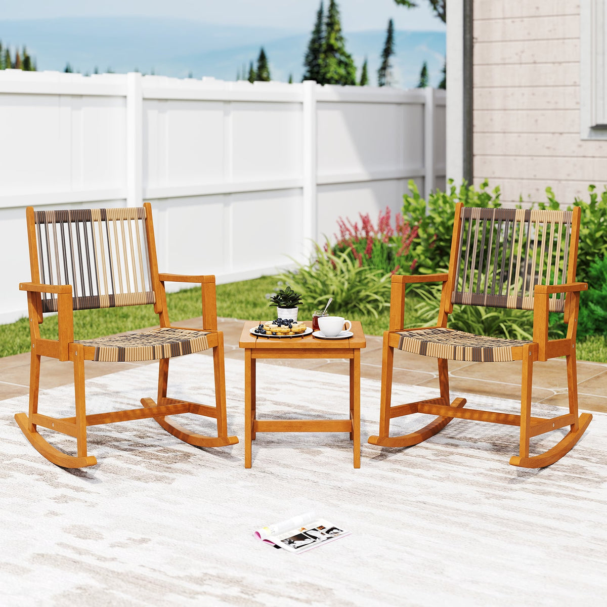 3 Piece Patio Rocking Set Acacia Wood Rocker Bistro Set with Rattan Seat and Back-Patio Conversation Sets-DECOROLALA