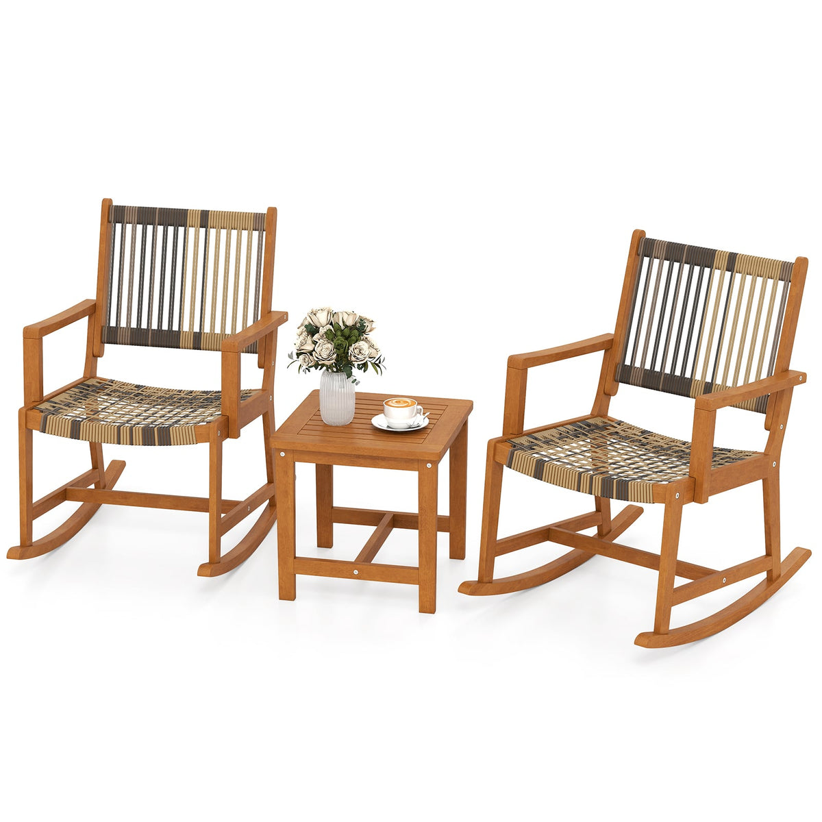 3 Piece Patio Rocking Set Acacia Wood Rocker Bistro Set with Rattan Seat and Back-Patio Conversation Sets-DECOROLALA