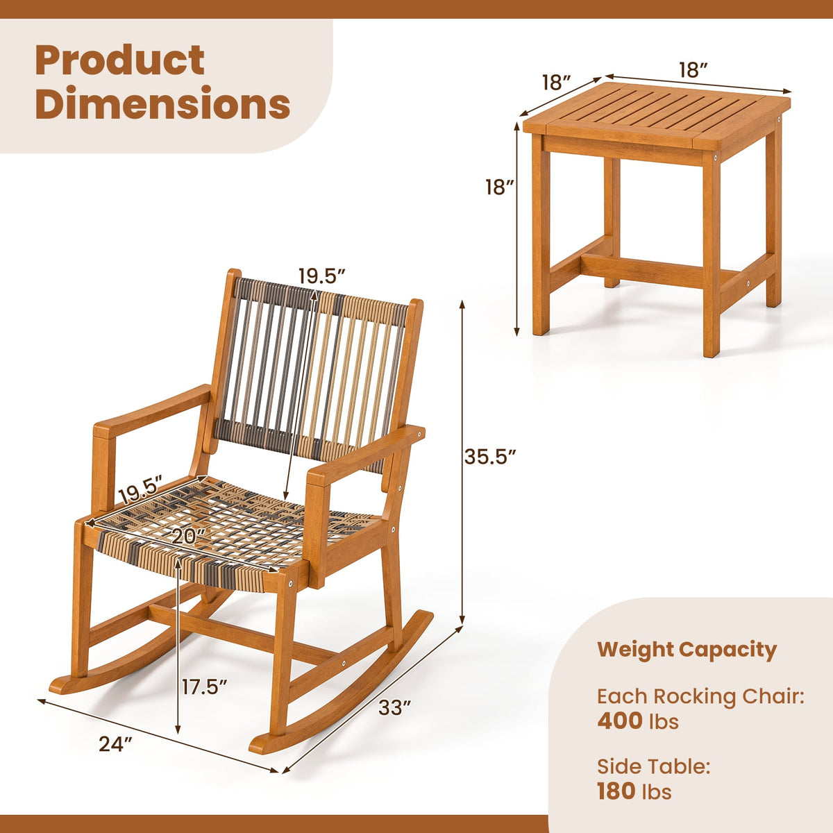 3 Piece Patio Rocking Set Acacia Wood Rocker Bistro Set with Rattan Seat and Back-Patio Conversation Sets-DECOROLALA