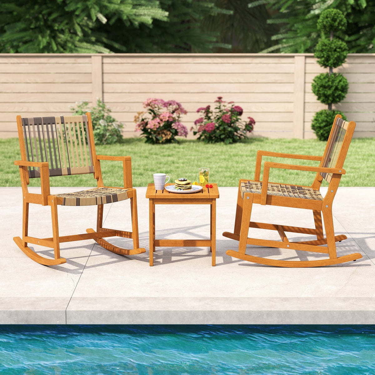3 Piece Patio Rocking Set Acacia Wood Rocker Bistro Set with Rattan Seat and Back-Patio Conversation Sets-DECOROLALA