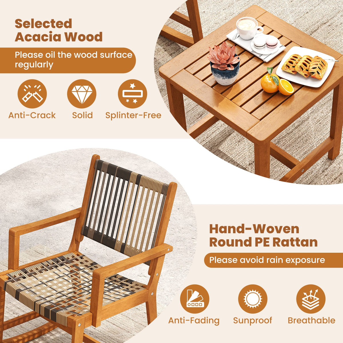 3 Piece Patio Rocking Set Acacia Wood Rocker Bistro Set with Rattan Seat and Back-Patio Conversation Sets-DECOROLALA
