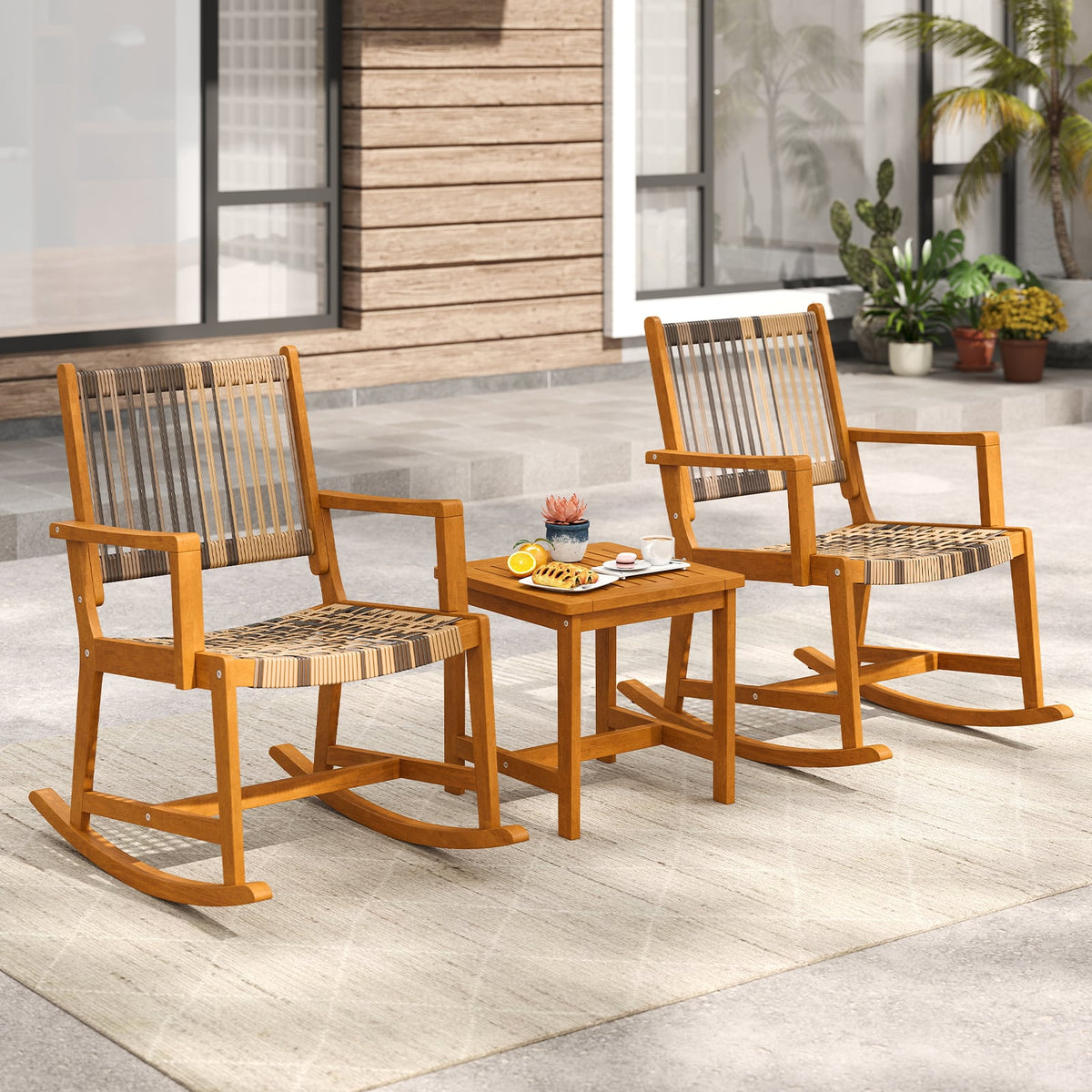 3 Piece Patio Rocking Set Acacia Wood Rocker Bistro Set with Rattan Seat and Back-Patio Conversation Sets-DECOROLALA