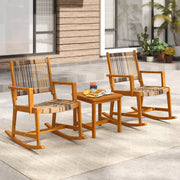 3 Piece Patio Rocking Set Acacia Wood Rocker Bistro Set with Rattan Seat and Back-Patio Conversation Sets-DECOROLALA