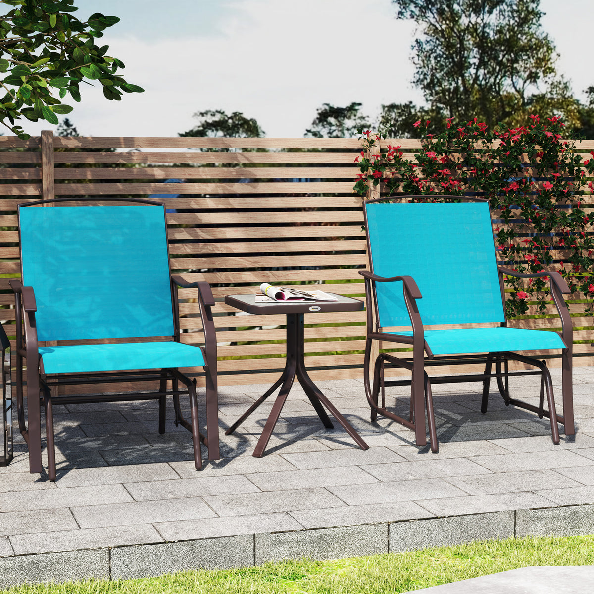 3-Piece Patio Set - Glider Chairs, Blue Breathable Mesh, Glass Table-Patio Bistro Sets-DECOROLALA