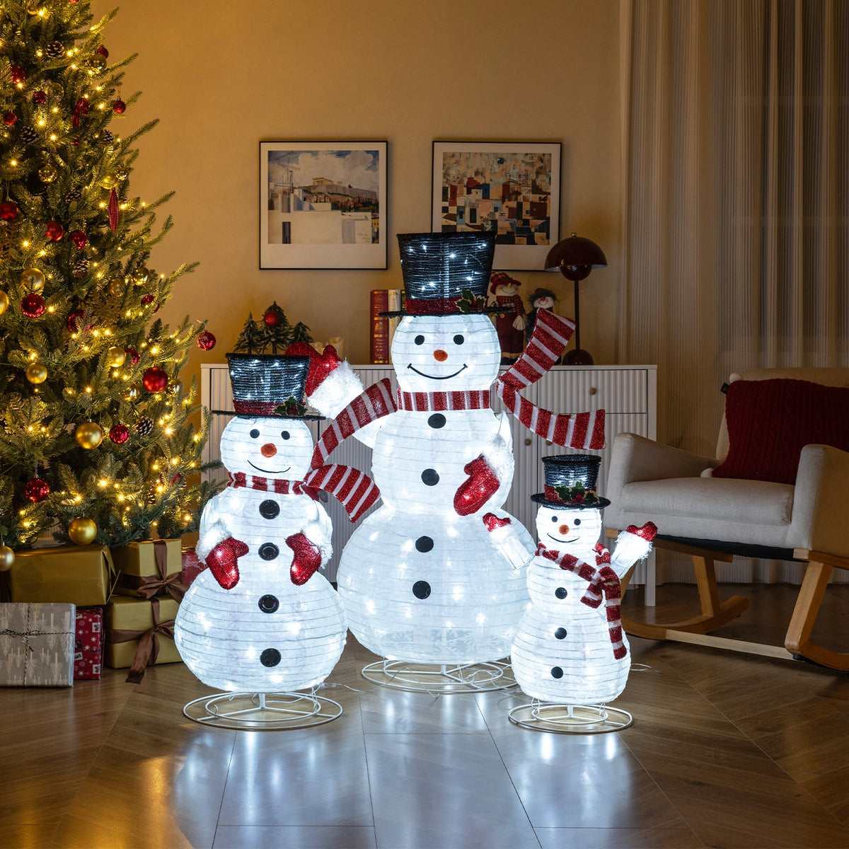 3-Piece Pre-Lit 3D Snowman Set with 270 LED Lights-Christmas Decorations & Accessories-DECOROLALA