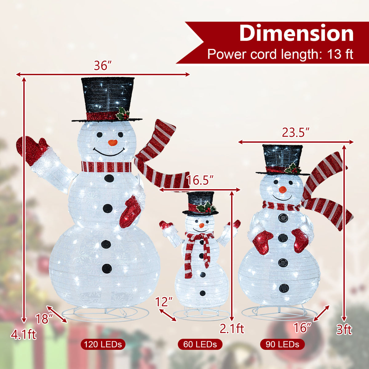 3-Piece Pre-Lit 3D Snowman Set with 270 LED Lights-Christmas Decorations & Accessories-DECOROLALA