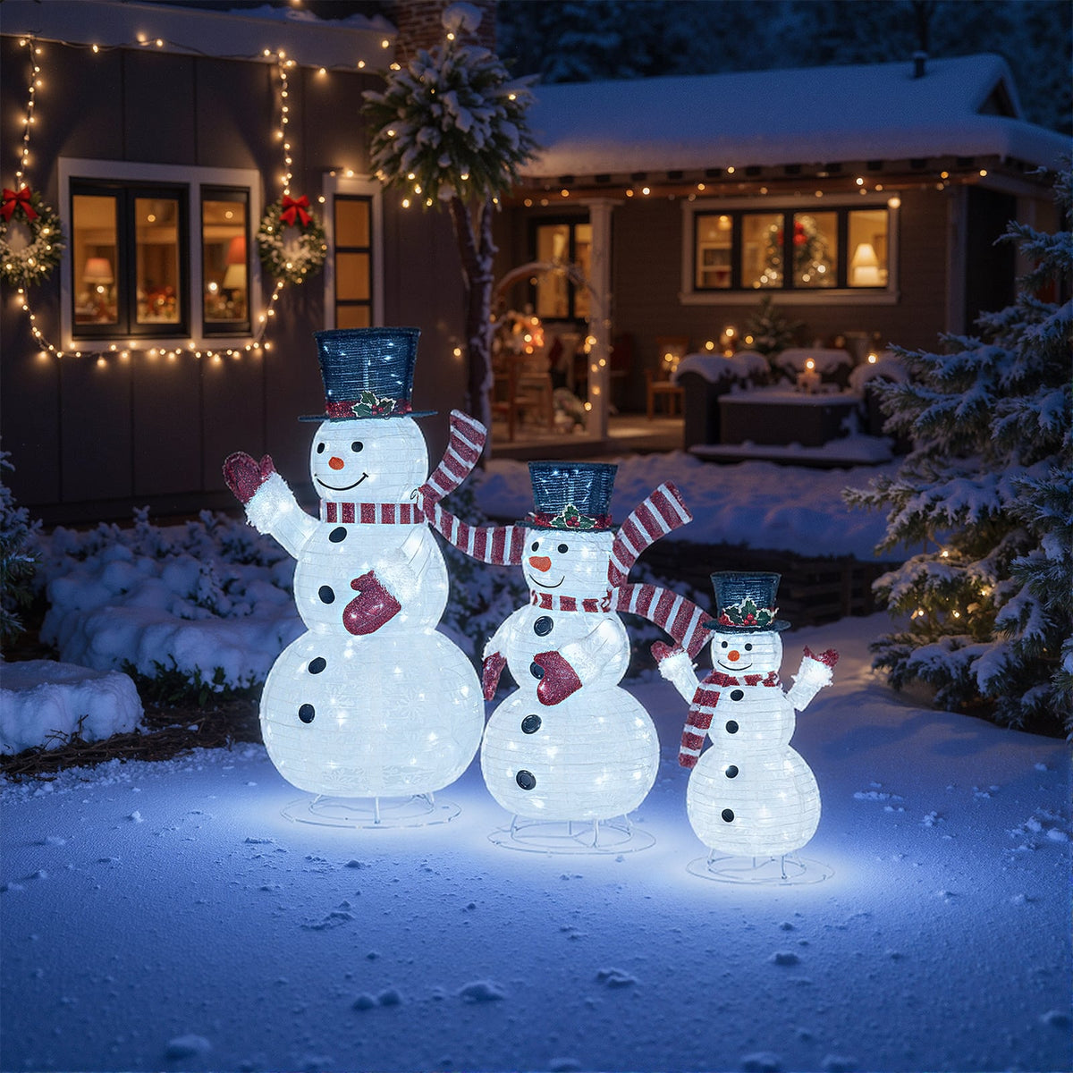 3-Piece Pre-Lit 3D Snowman Set with 270 LED Lights-Christmas Decorations & Accessories-DECOROLALA
