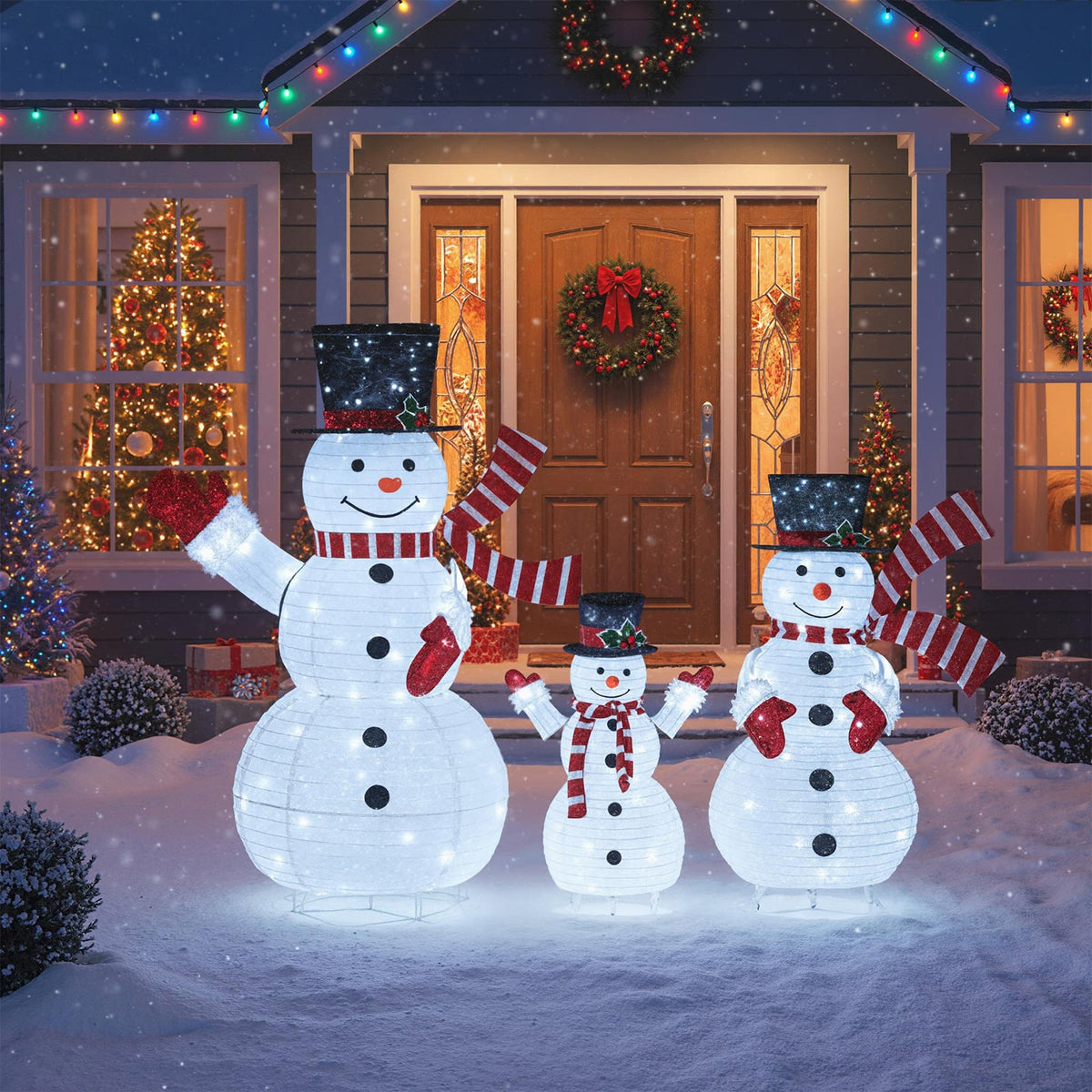 3-Piece Pre-Lit 3D Snowman Set with 270 LED Lights-Christmas Decorations & Accessories-DECOROLALA
