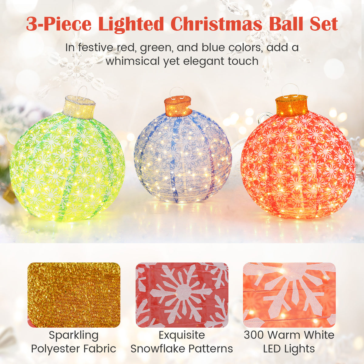3-Piece Pre-Lit Pop up Christmas Ball Set with Warm White LED Lights-Christmas Decorations & Accessories-DECOROLALA