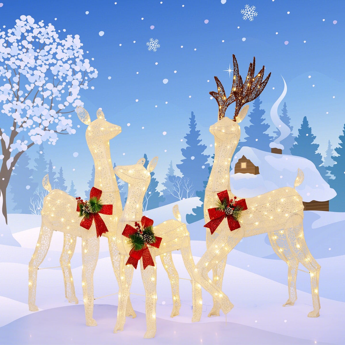 3-Piece Pre-lit Christmas Reindeer Family with 230 Warm White LED Lights-Christmas Decorations & Accessories-DECOROLALA