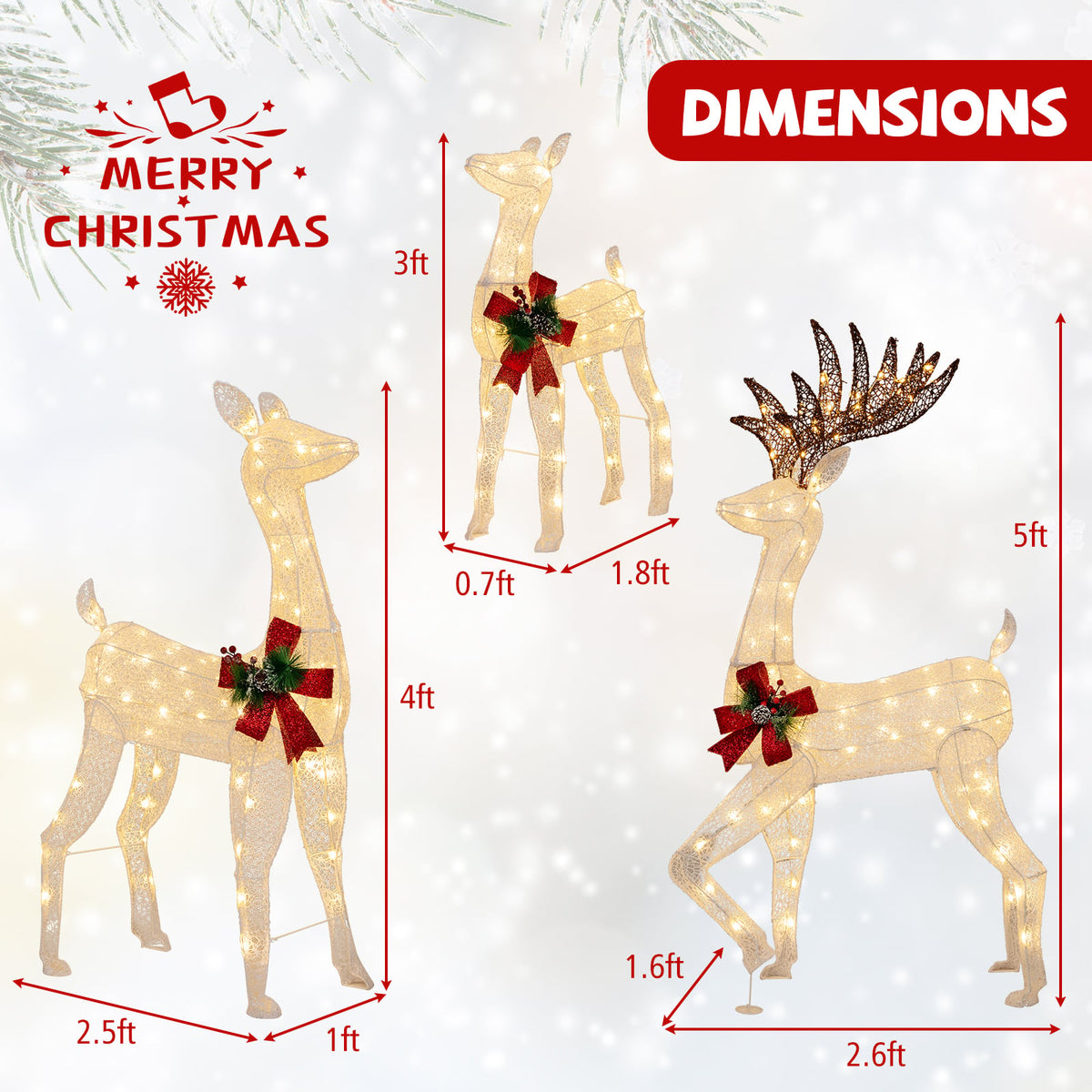 3-Piece Pre-lit Christmas Reindeer Family with 230 Warm White LED Lights-Christmas Decorations & Accessories-DECOROLALA