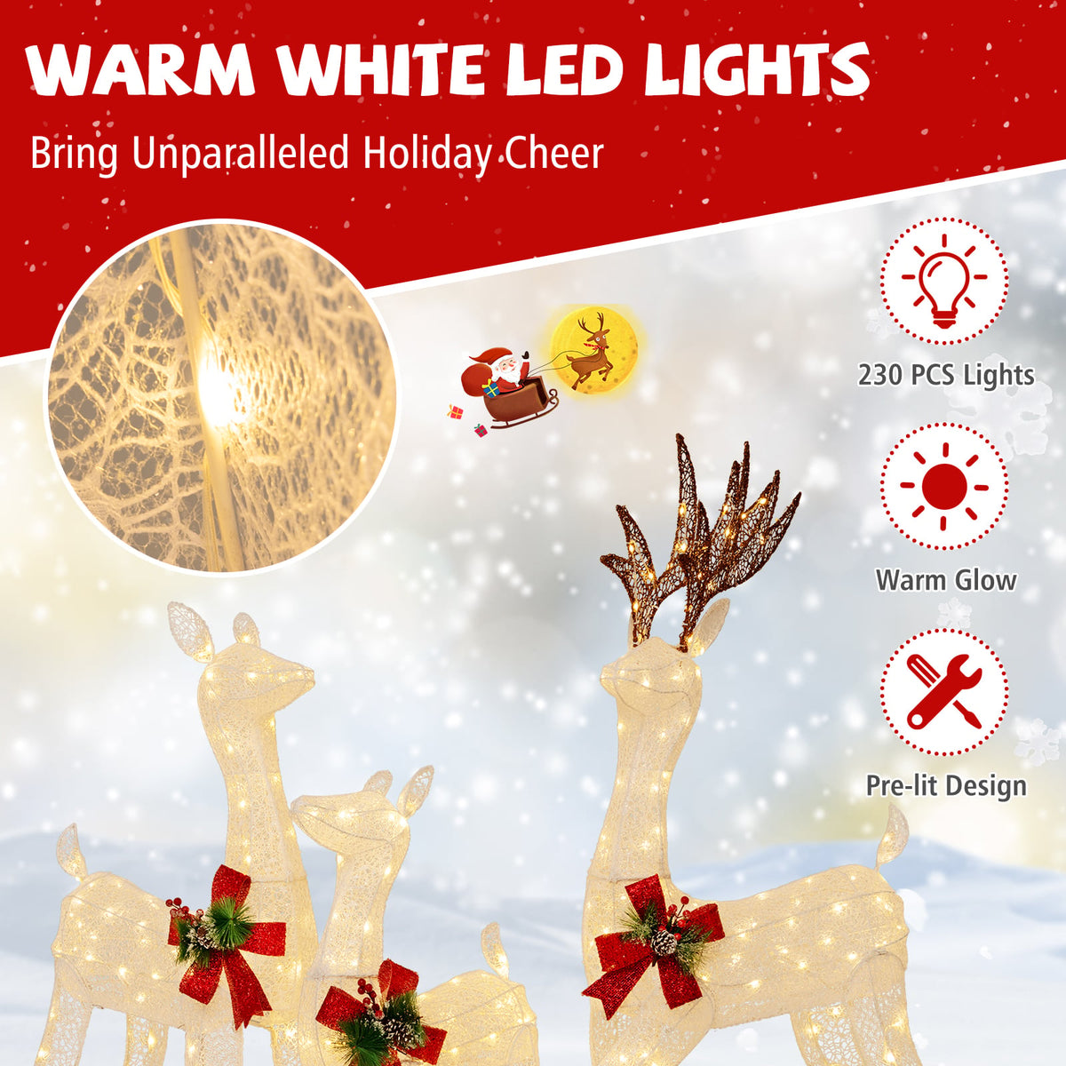 3-Piece Pre-lit Christmas Reindeer Family with 230 Warm White LED Lights-Christmas Decorations & Accessories-DECOROLALA