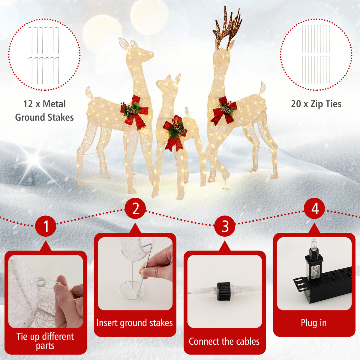 3-Piece Pre-lit Christmas Reindeer Family with 230 Warm White LED Lights-Christmas Decorations & Accessories-DECOROLALA