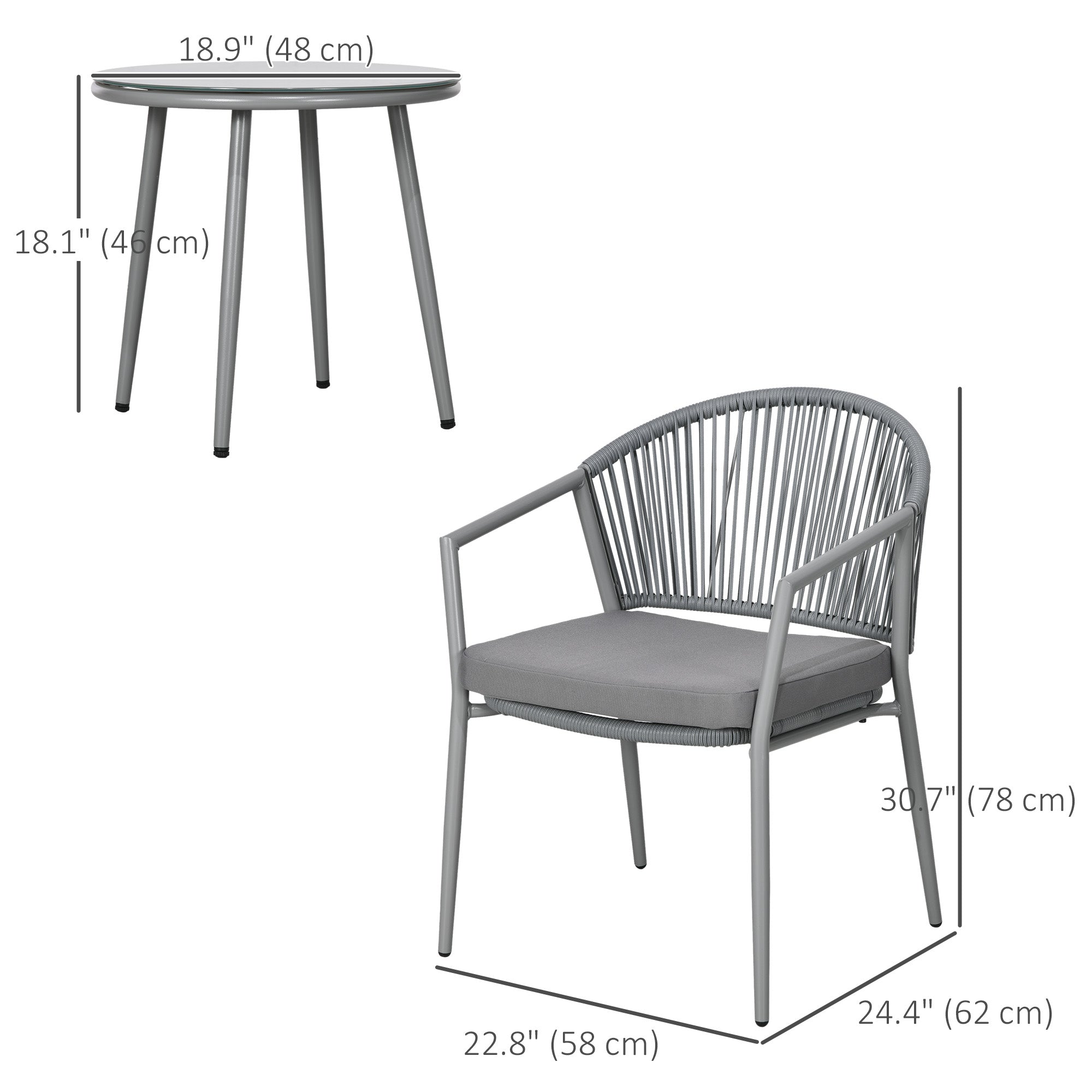 3-Piece Rattan Bistro Set - 2 Armchairs and Coffee Table, Grey-DECOROLALA