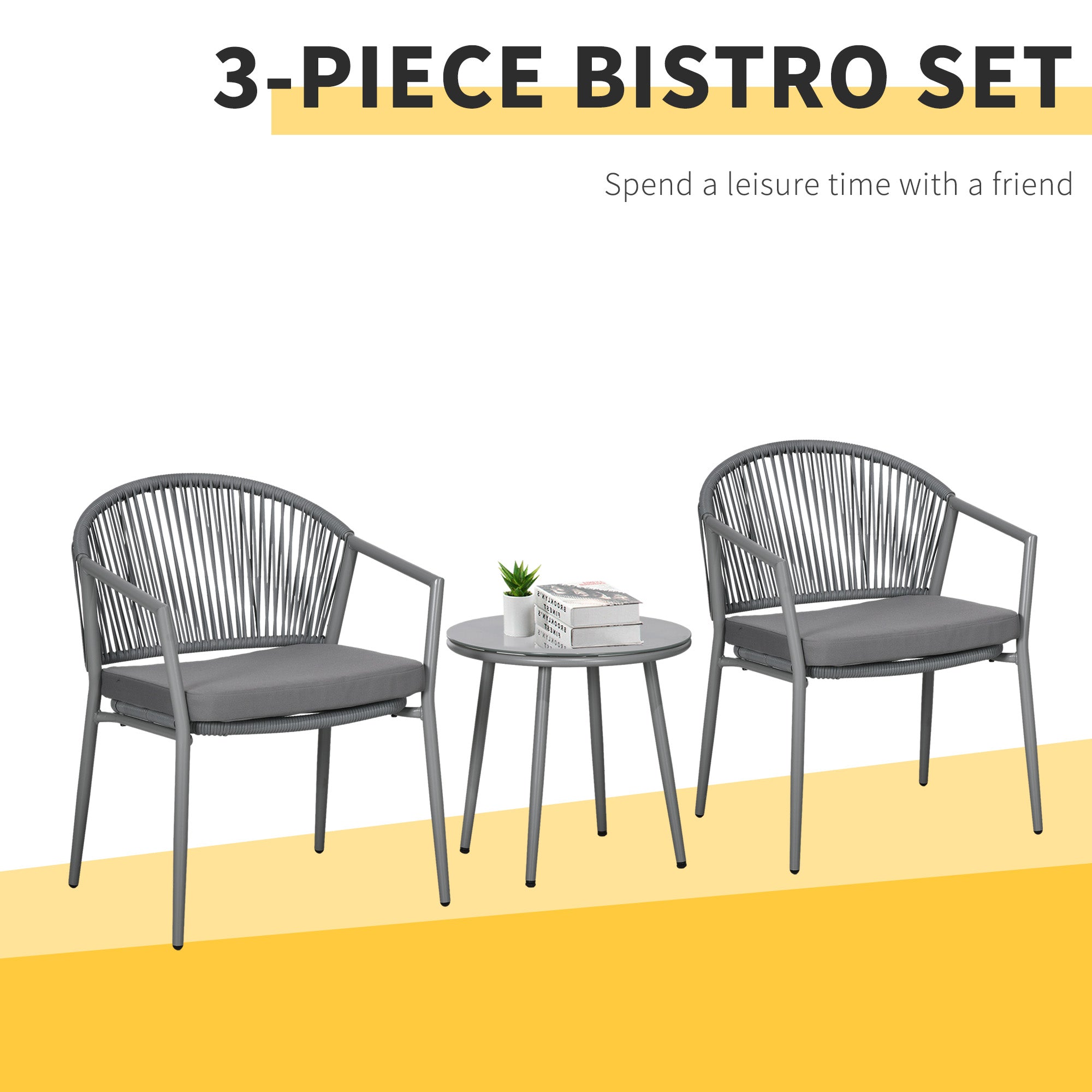 3-Piece Rattan Bistro Set - 2 Armchairs and Coffee Table, Grey-DECOROLALA