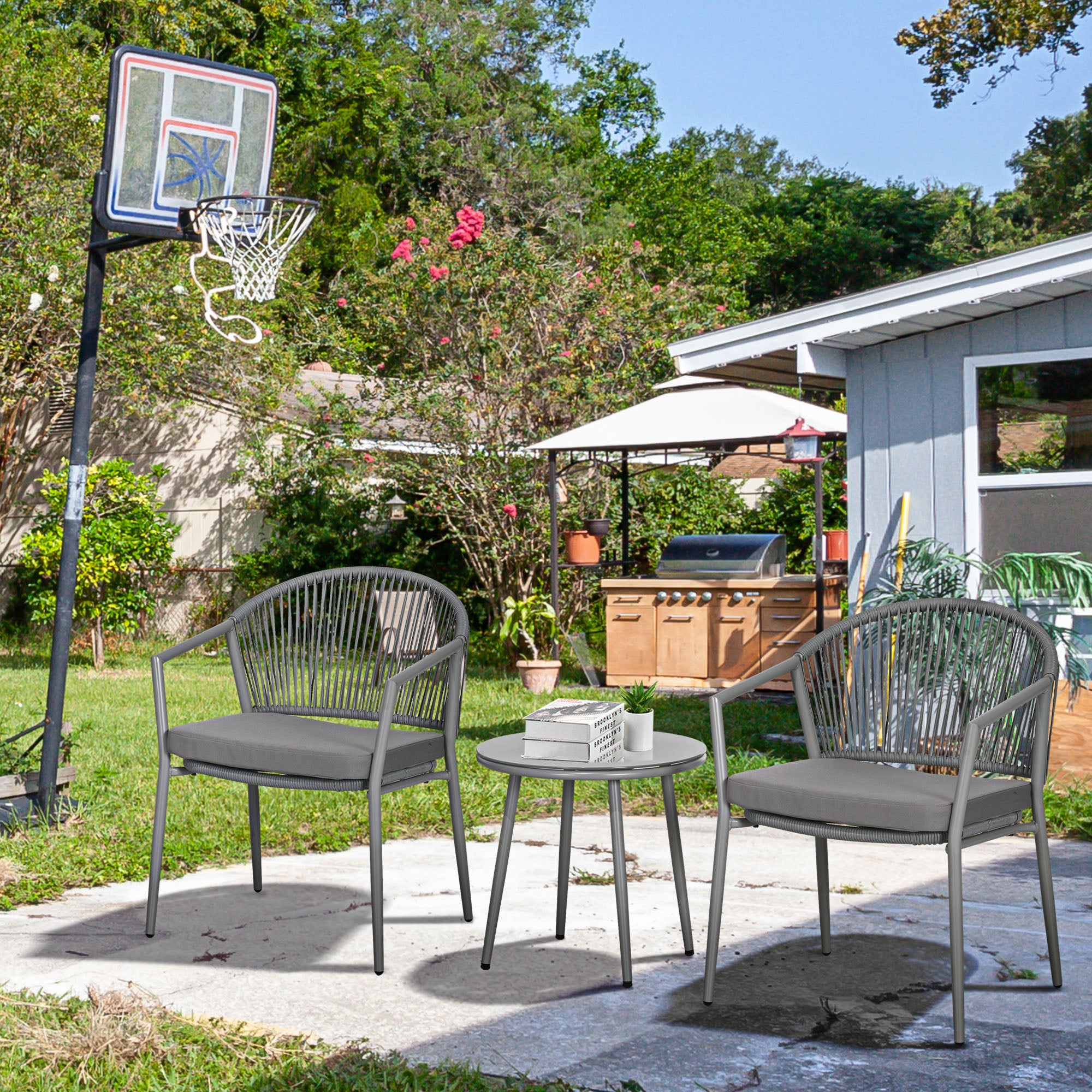 3-Piece Rattan Bistro Set - 2 Armchairs and Coffee Table, Grey-DECOROLALA