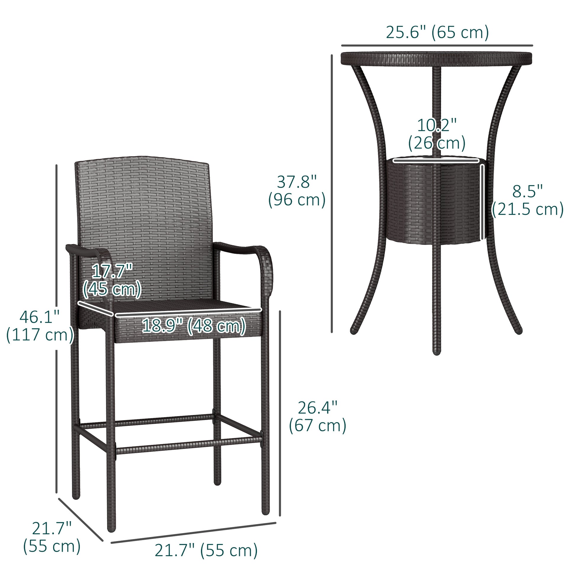 3-Piece Rattan Patio Bar Set with Ice Bucket - Dark Brown-DECOROLALA