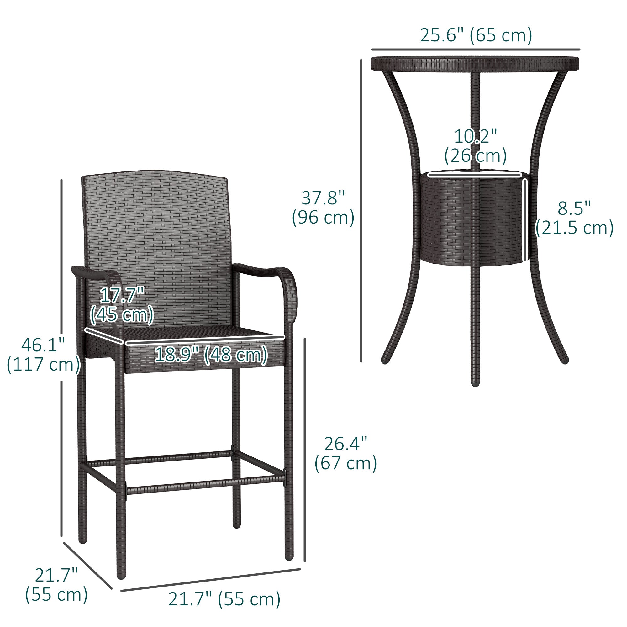 3-Piece Rattan Patio Bar Set with Ice Bucket - Dark Brown-DECOROLALA