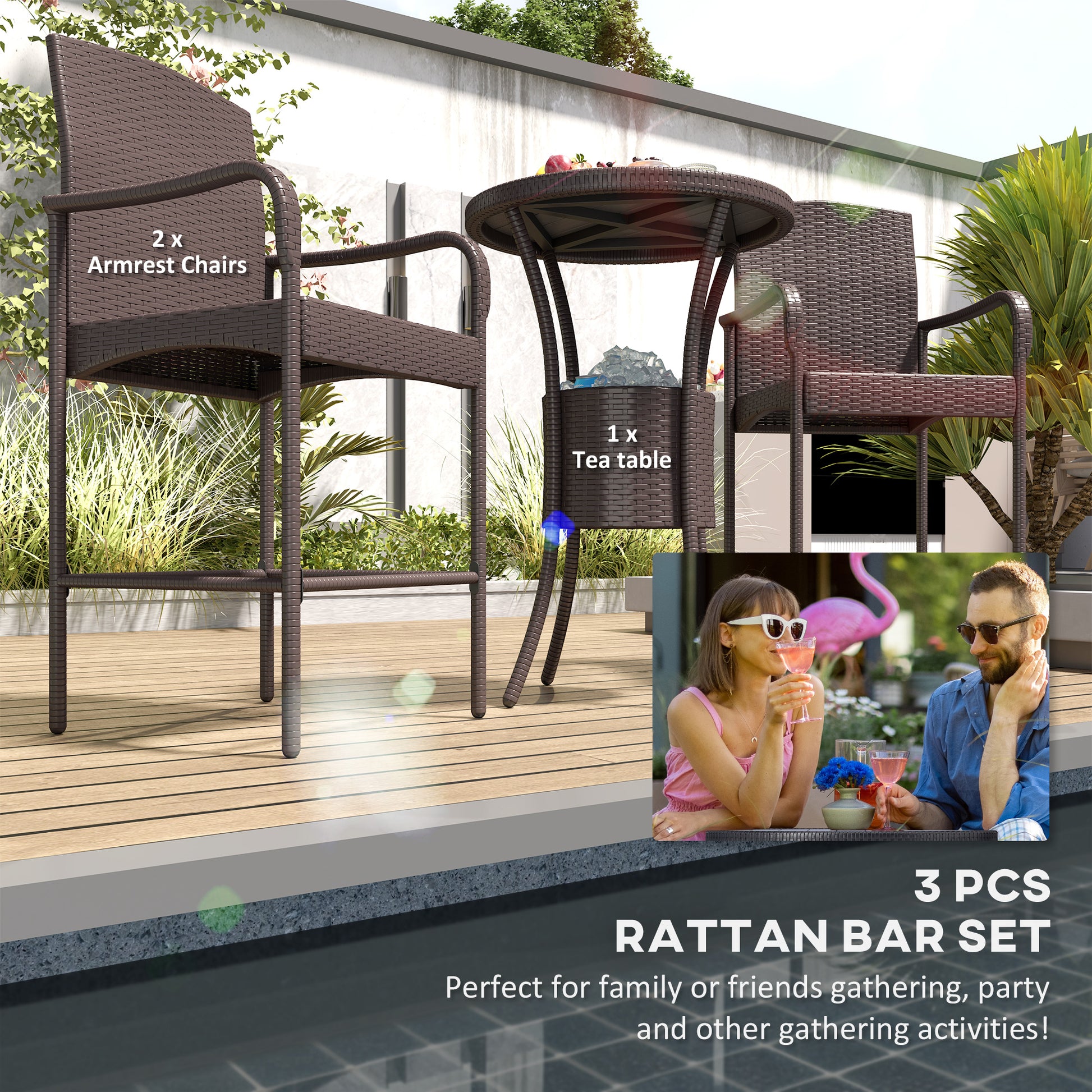 3-Piece Rattan Patio Bar Set with Ice Bucket - Dark Brown-DECOROLALA