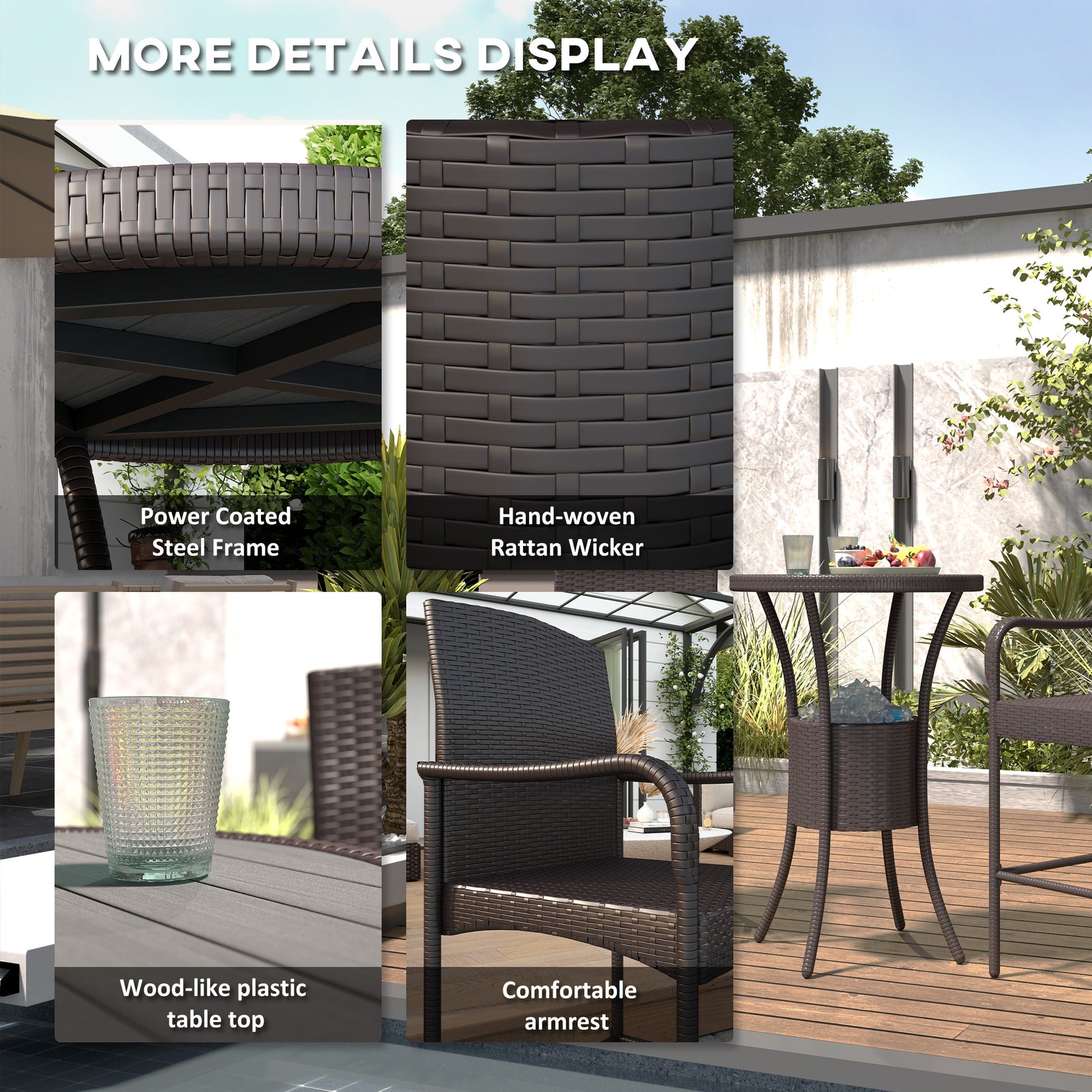 3-Piece Rattan Patio Bar Set with Ice Bucket - Dark Brown-DECOROLALA