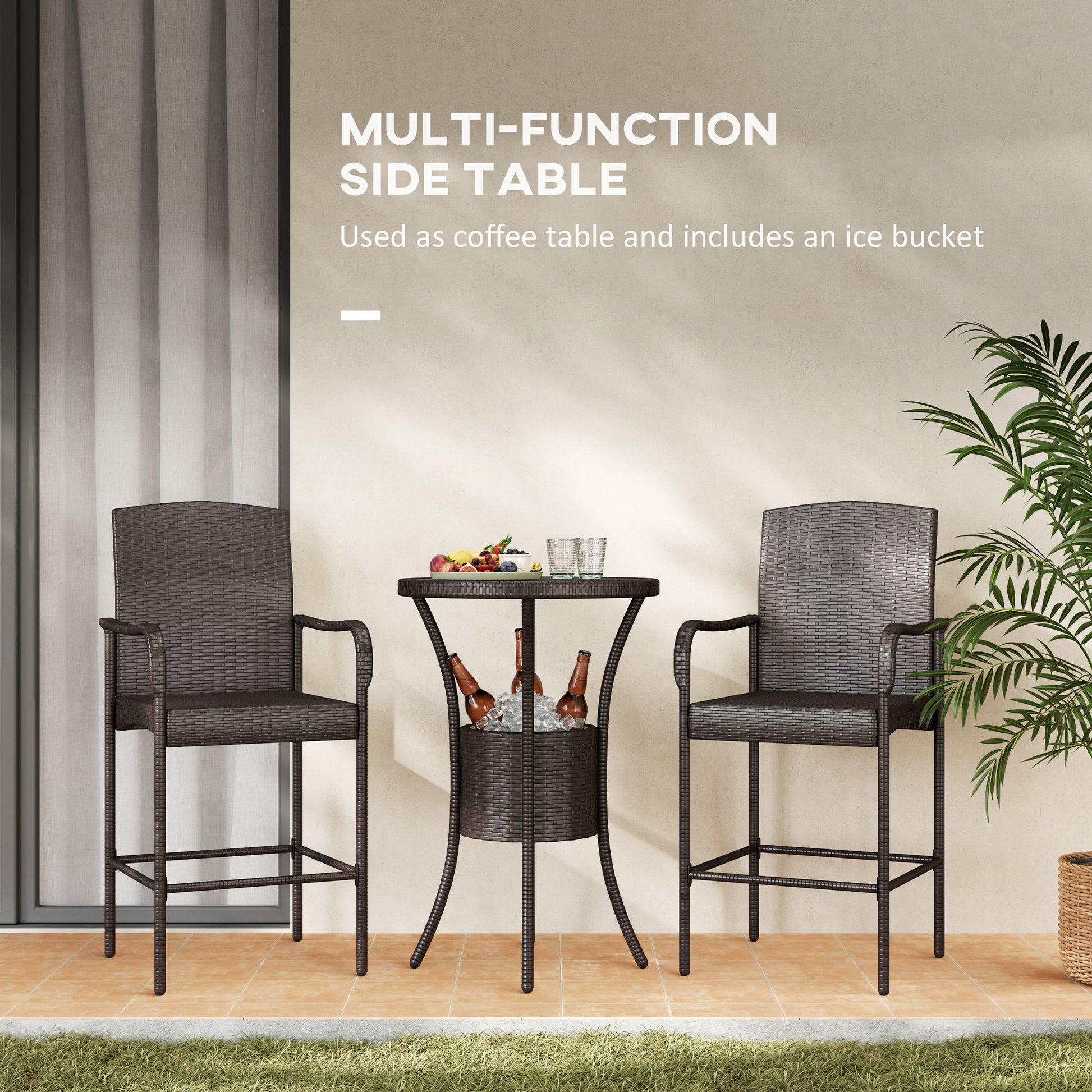 3-Piece Rattan Patio Bar Set with Ice Bucket - Dark Brown-DECOROLALA
