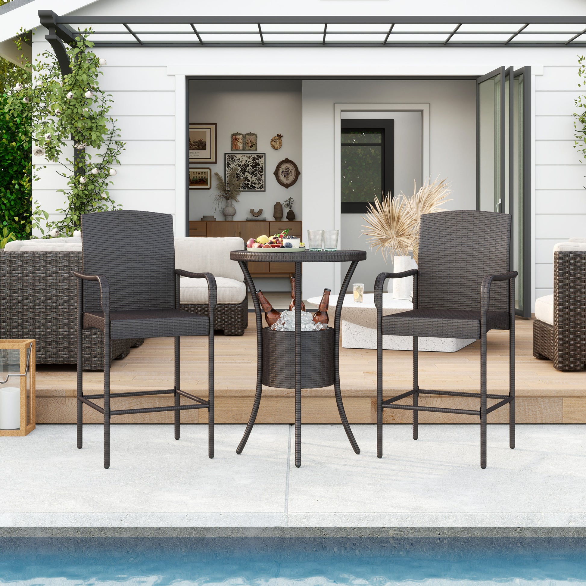 3-Piece Rattan Patio Bar Set with Ice Bucket - Dark Brown-DECOROLALA