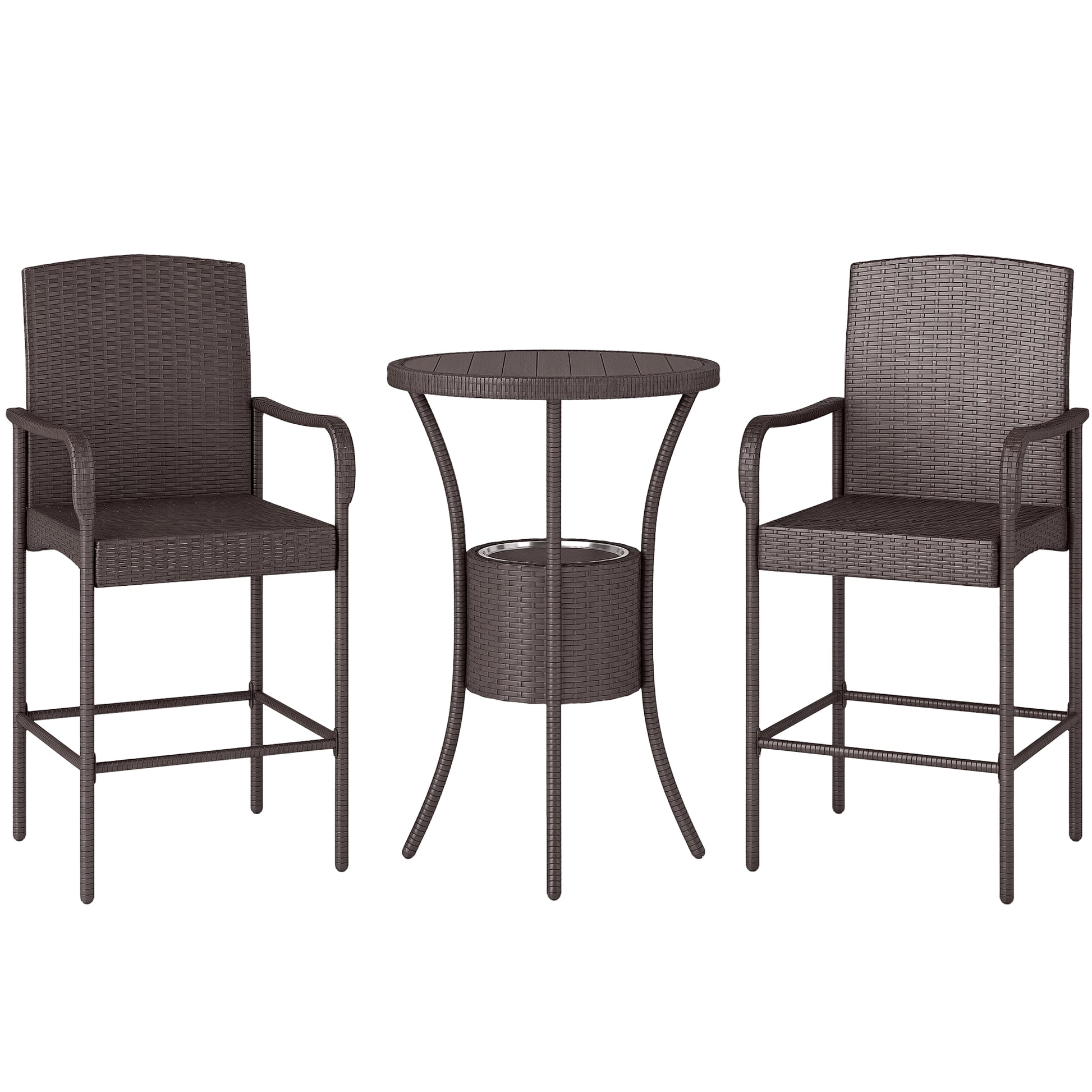 3-Piece Rattan Patio Bar Set with Ice Bucket - Dark Brown-DECOROLALA