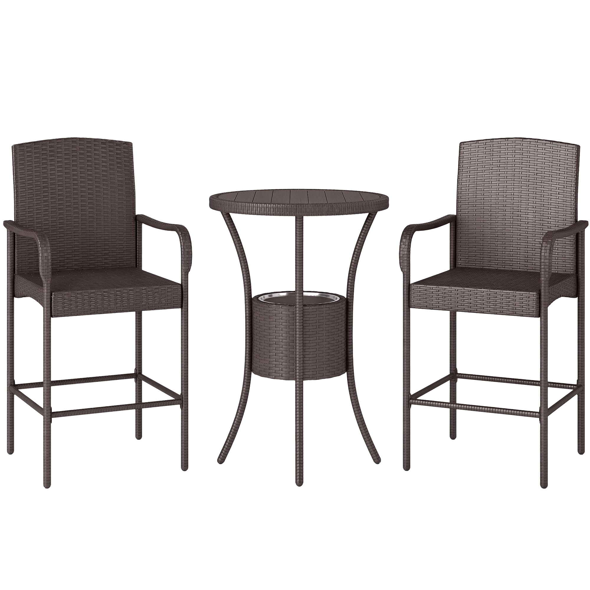 3-Piece Rattan Patio Bar Set with Ice Bucket - Dark Brown-DECOROLALA