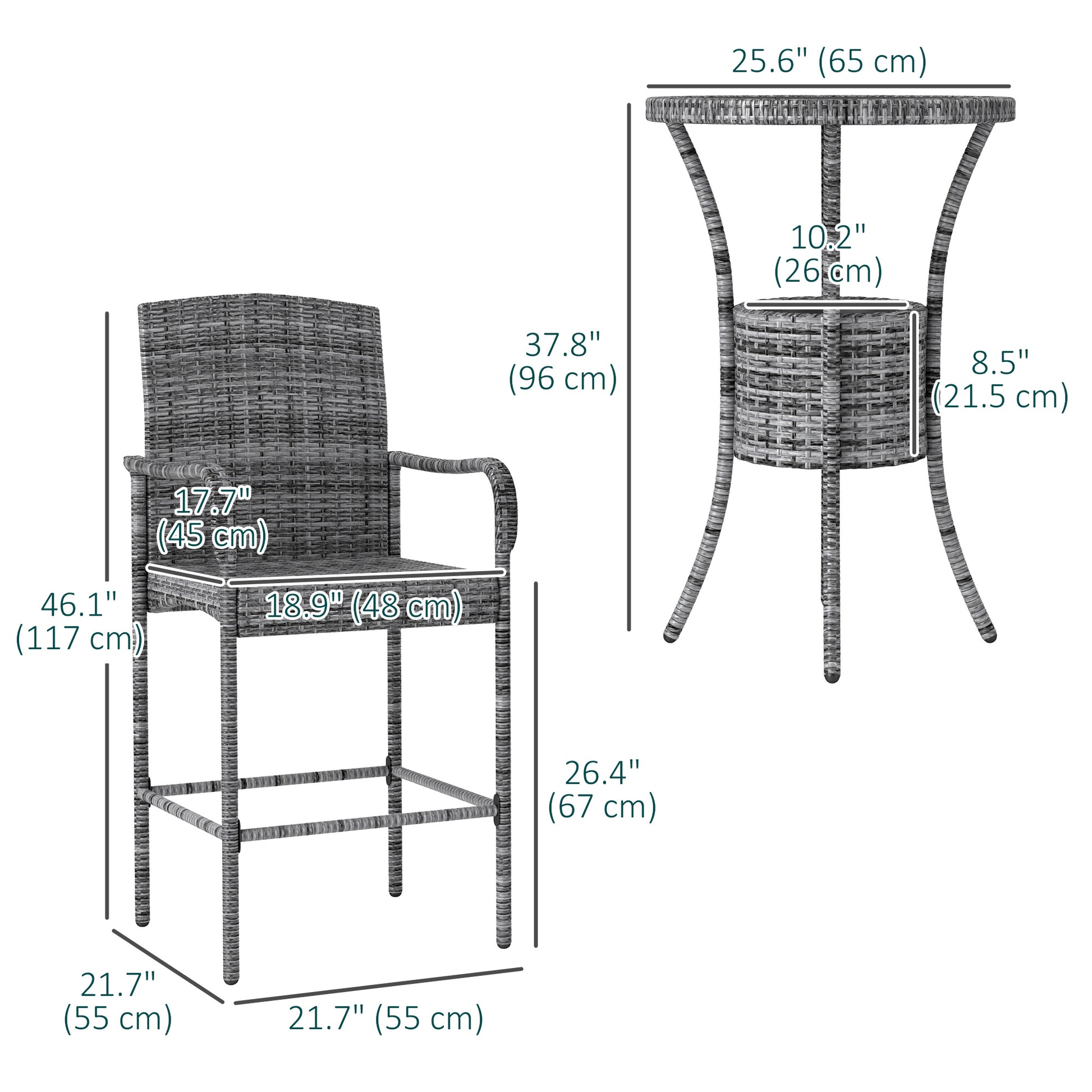 3-Piece Rattan Patio Bar Set with Ice Bucket - Mixed Grey-DECOROLALA
