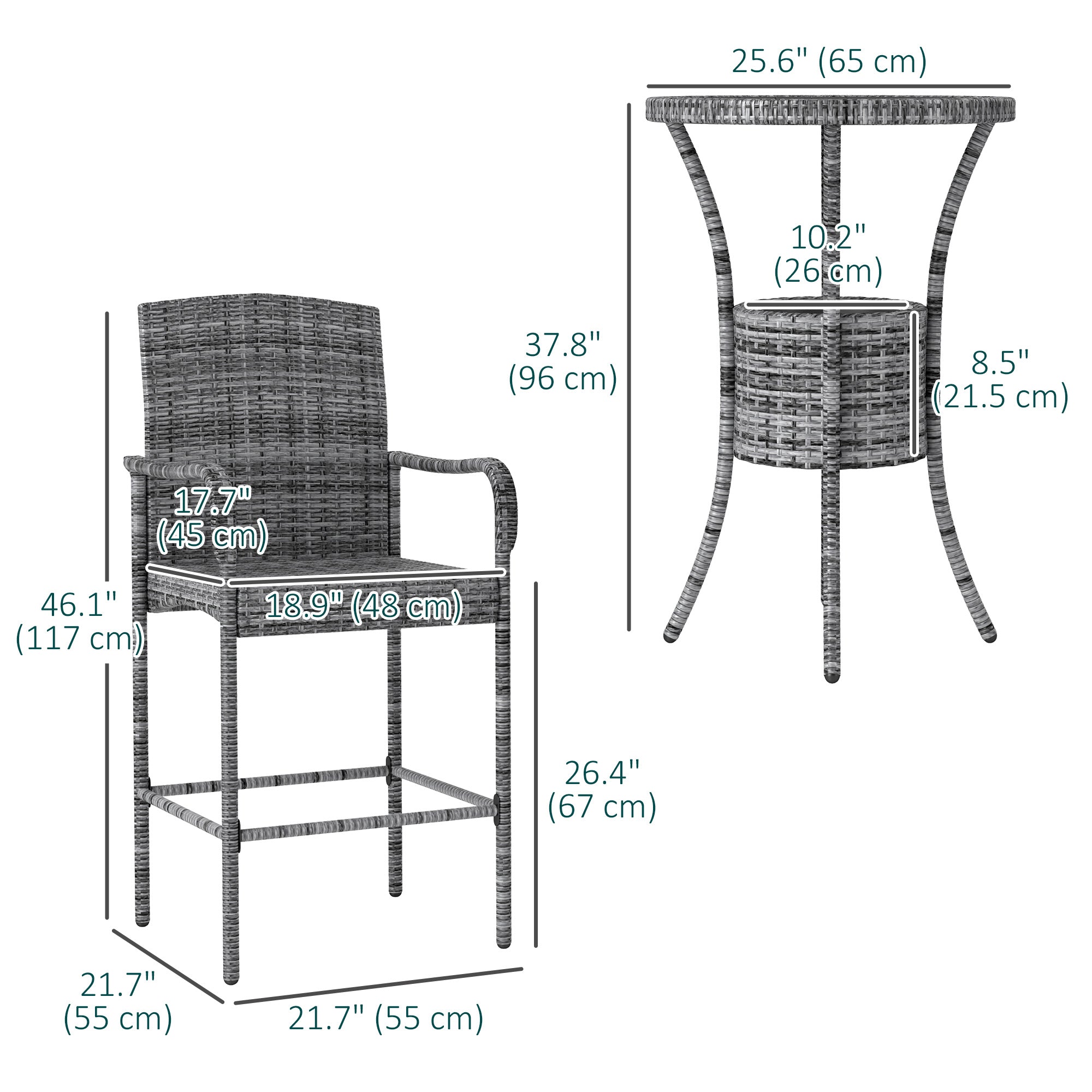 3-Piece Rattan Patio Bar Set with Ice Bucket - Mixed Grey-DECOROLALA