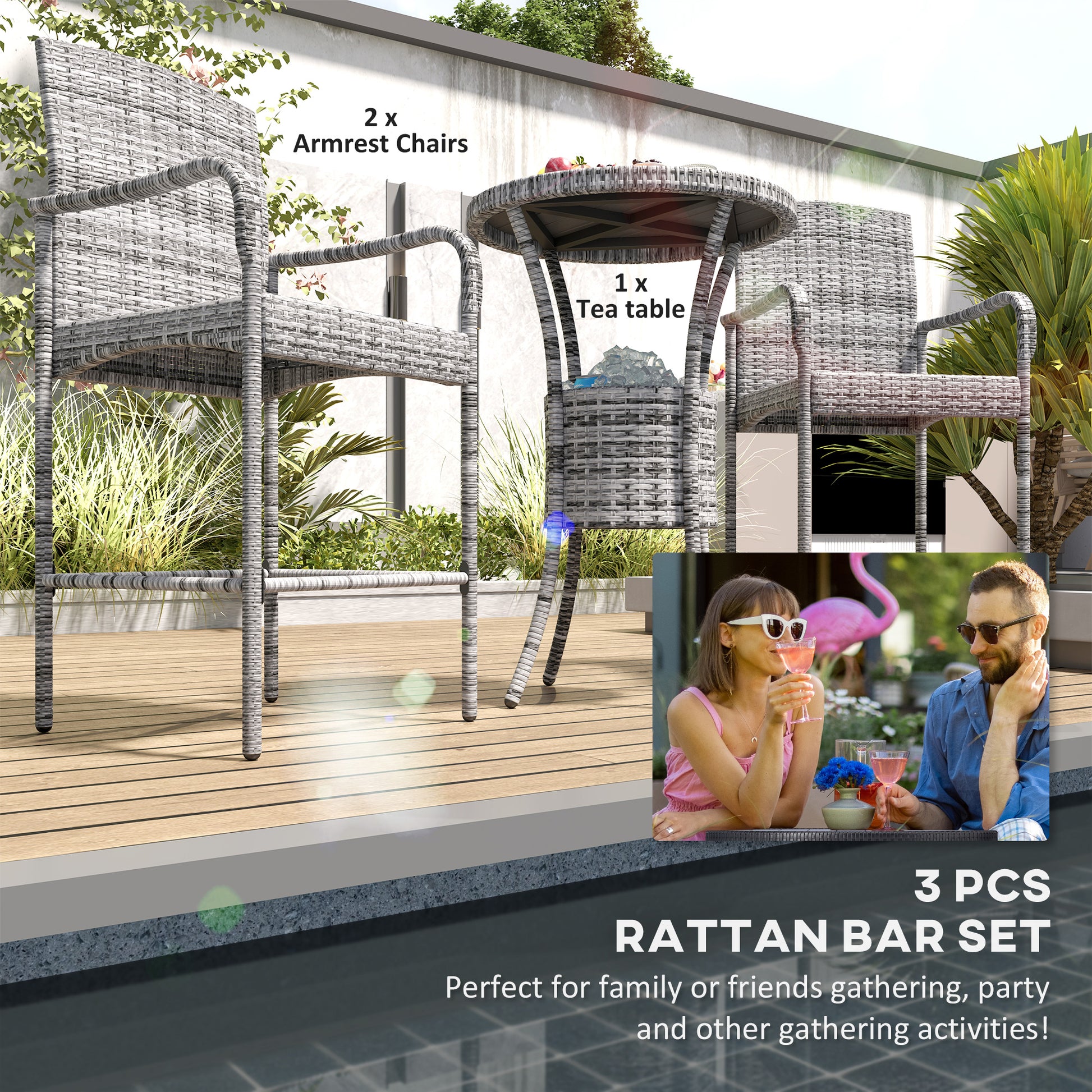 3-Piece Rattan Patio Bar Set with Ice Bucket - Mixed Grey-DECOROLALA